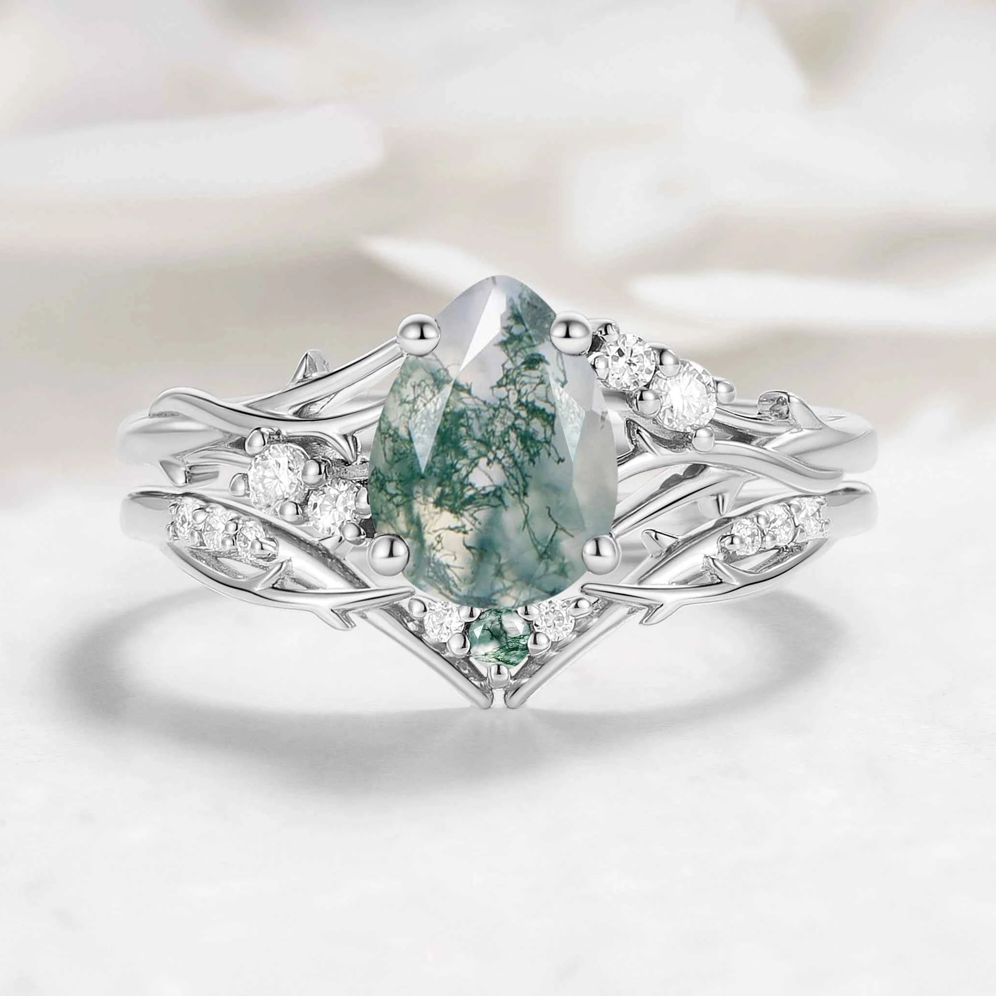 Nature-Inspired Branch Pear Cut Moss Agate Engagement Ring Bridal Set - Faewillow