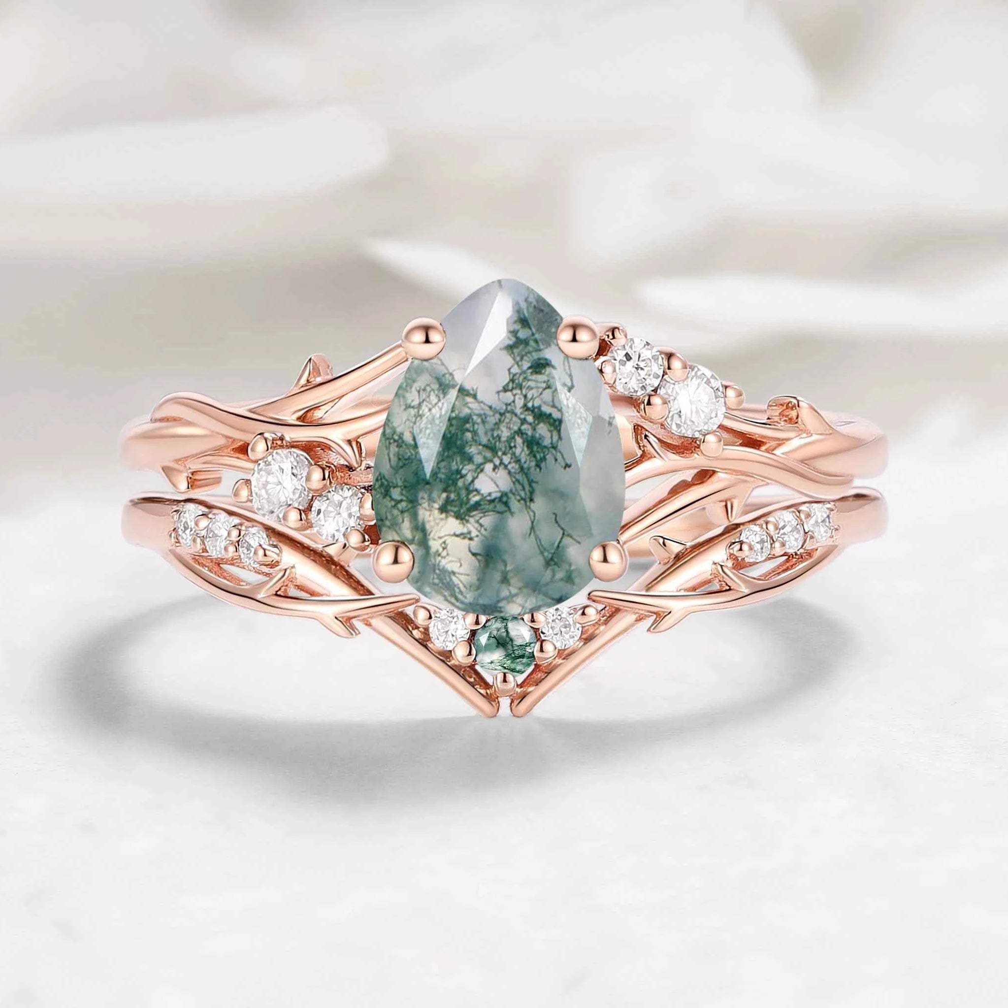 Nature-Inspired Branch Pear Cut Moss Agate Engagement Ring Bridal Set - Faewillow