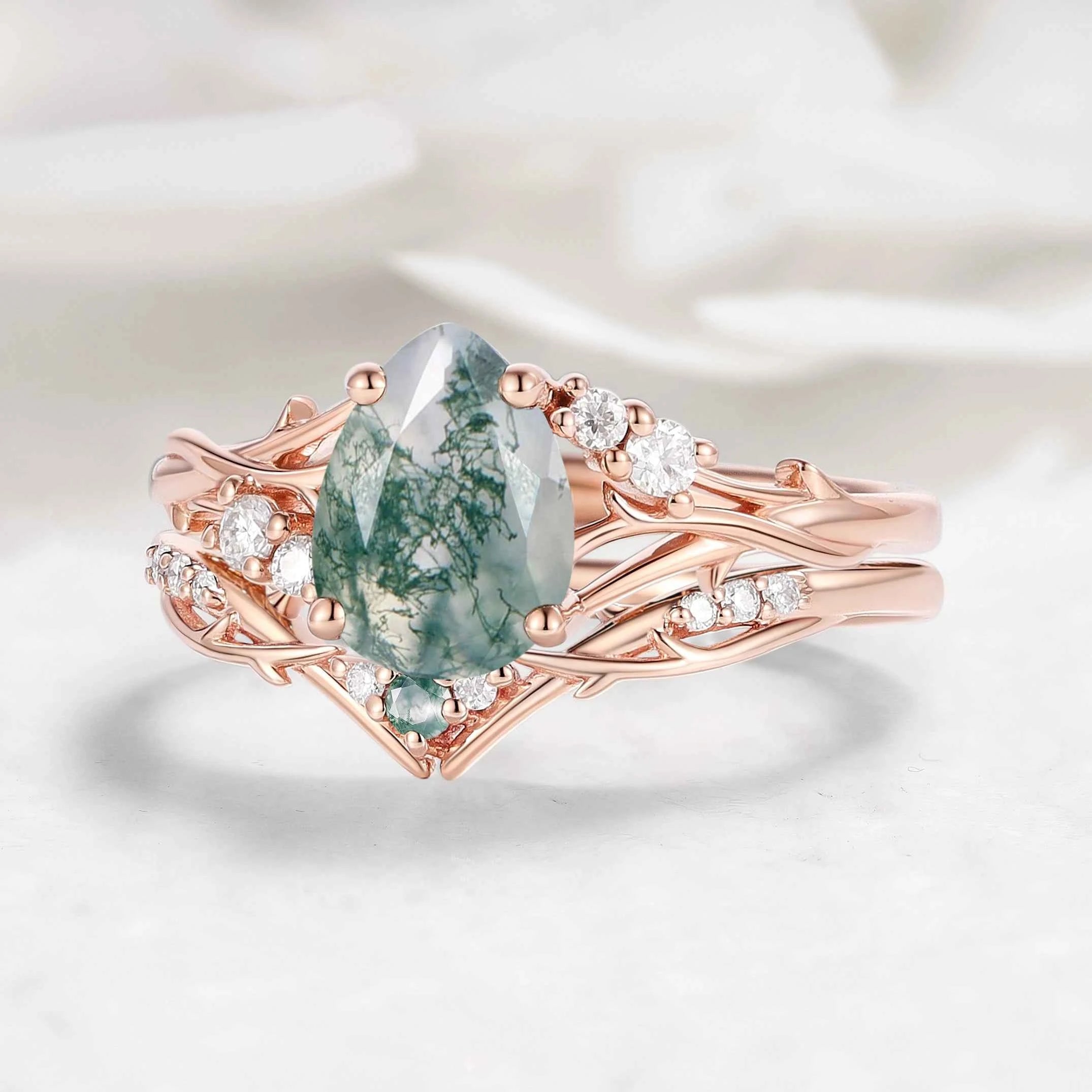 Nature-Inspired Branch Pear Cut Moss Agate Engagement Ring Bridal Set - Faewillow