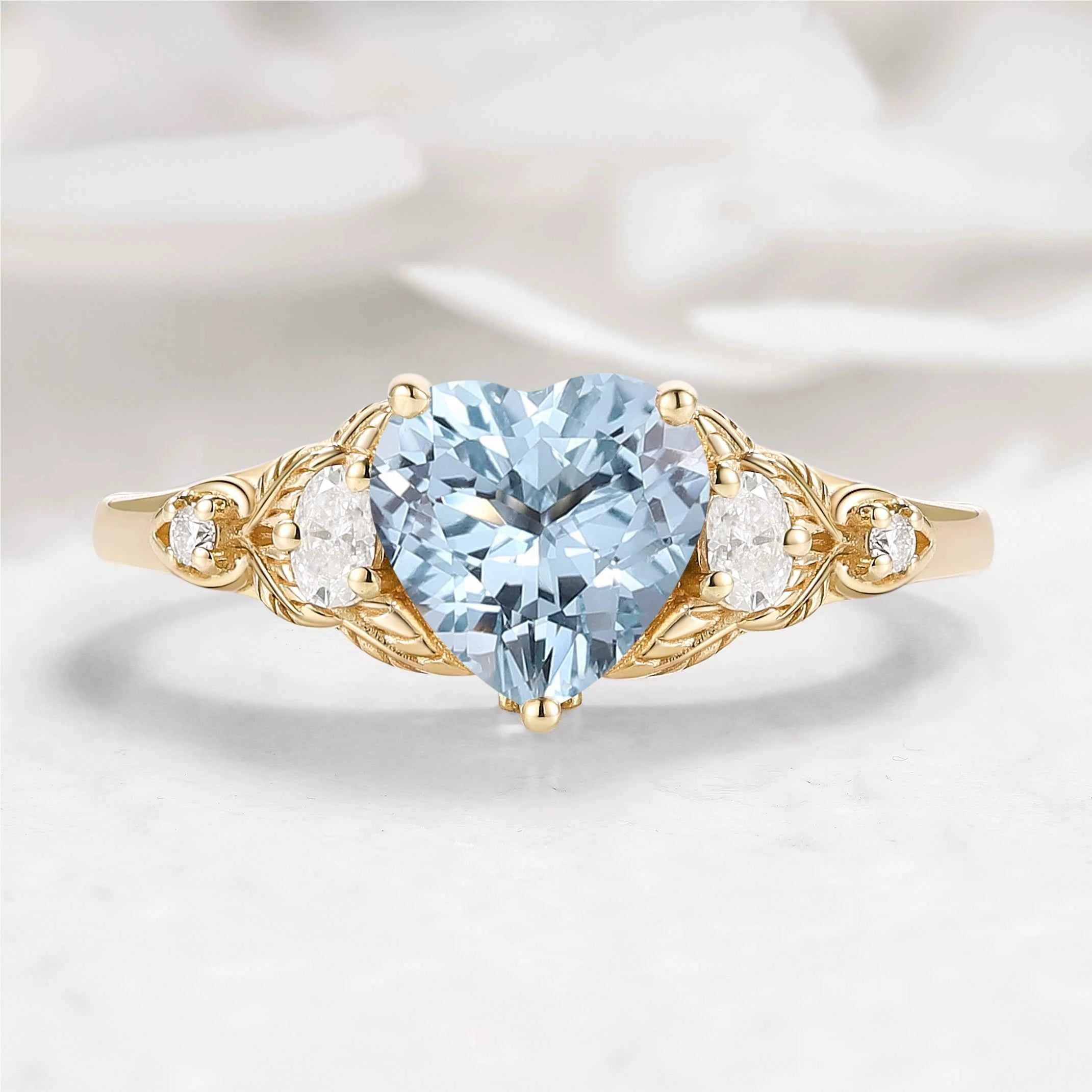 Nature-Inspired Heart-Shaped Aquamarine & Three-Stone Moissanite Engagement Ring - Sophia