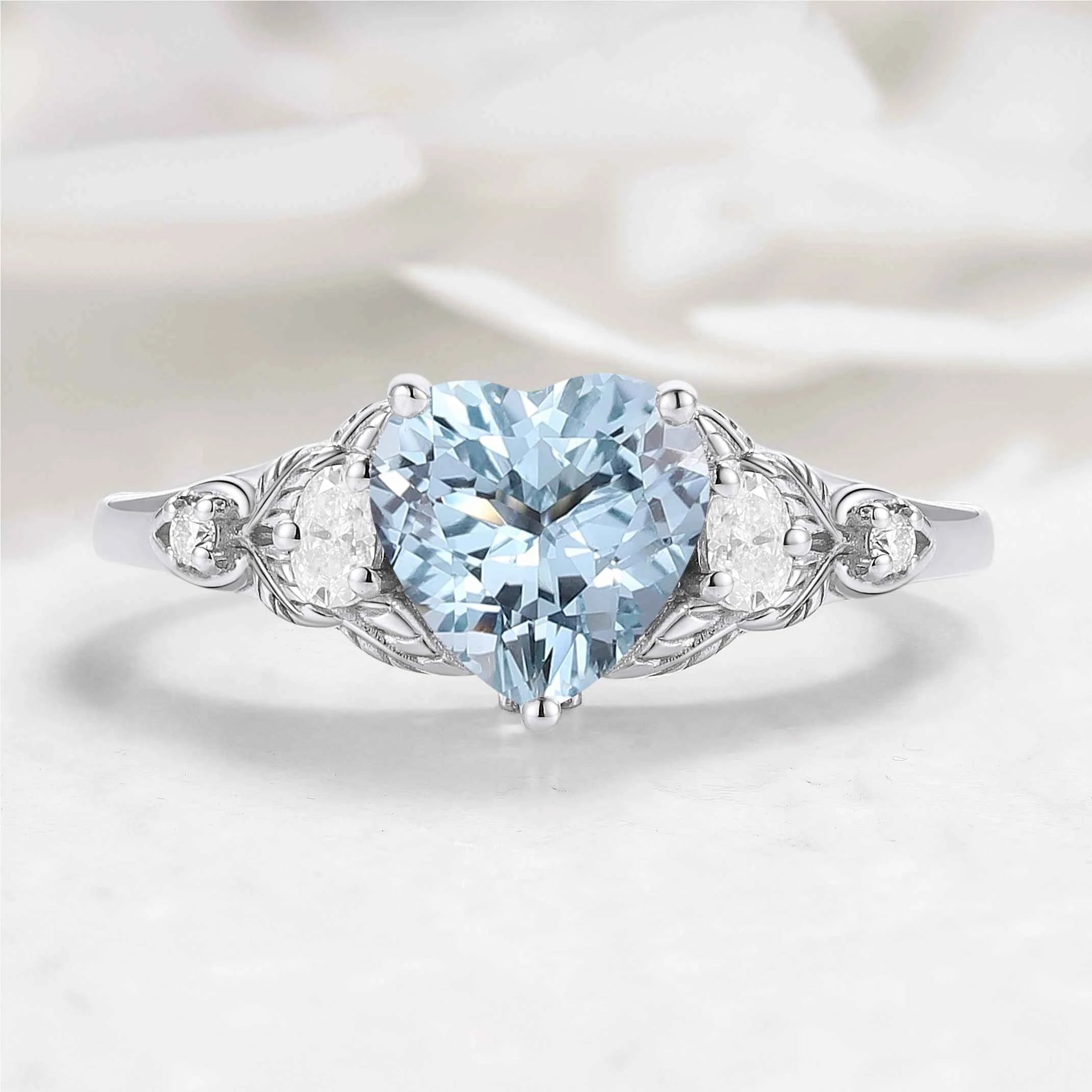 Nature-Inspired Heart-Shaped Aquamarine & Three-Stone Moissanite Engagement Ring - Sophia