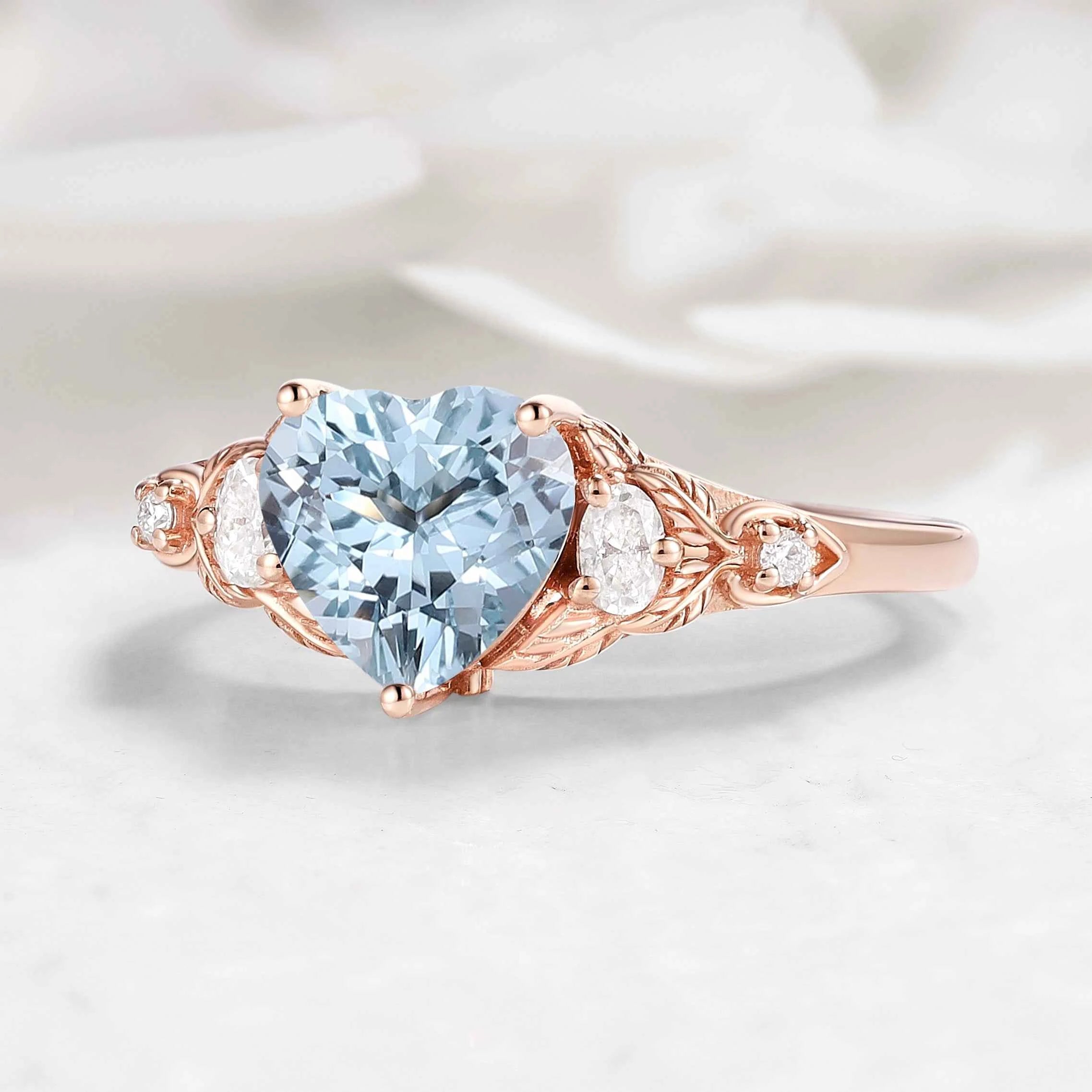 Nature-Inspired Heart-Shaped Aquamarine & Three-Stone Moissanite Engagement Ring - Sophia