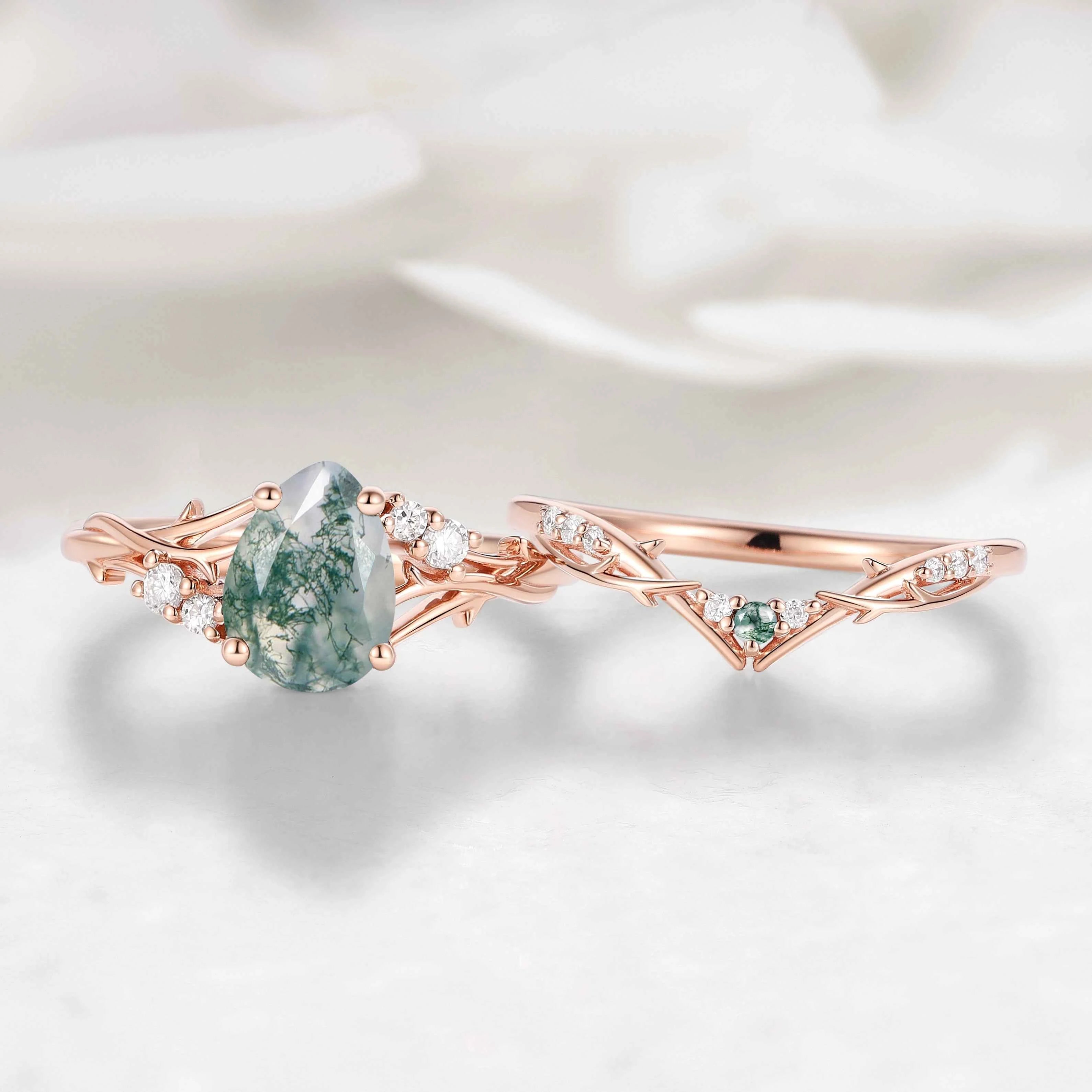 Nature-Inspired Branch Pear Cut Moss Agate Engagement Ring Bridal Set - Faewillow