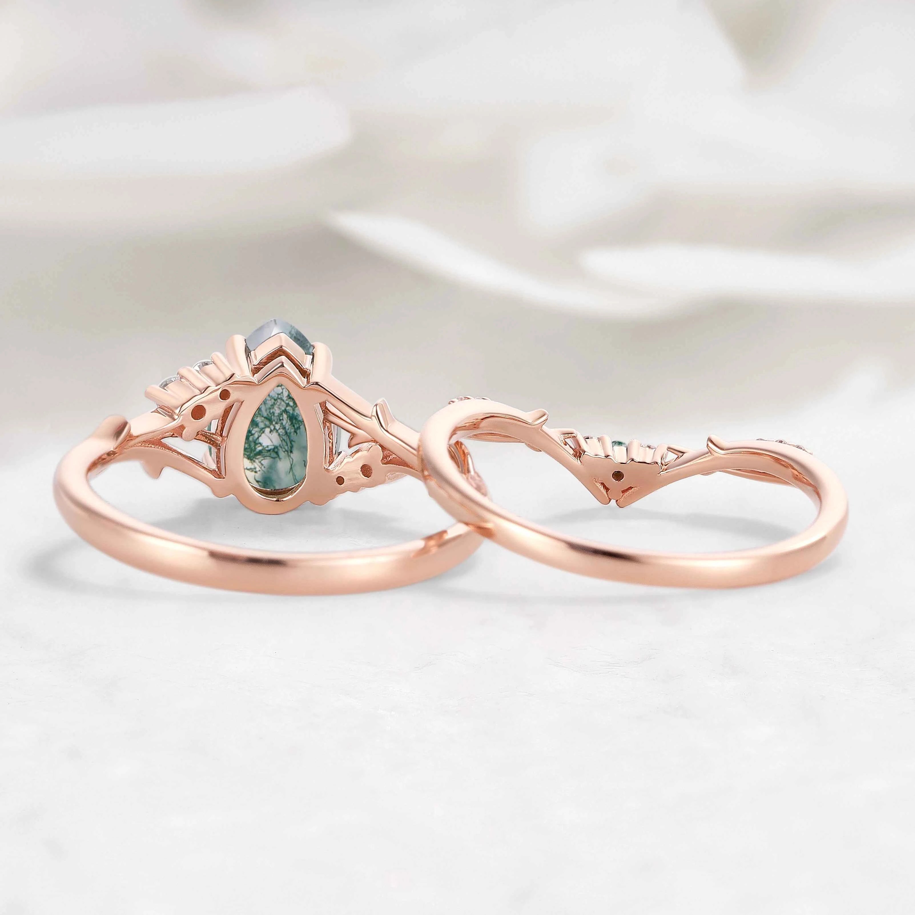 Nature-Inspired Branch Pear Cut Moss Agate Engagement Ring Bridal Set - Faewillow