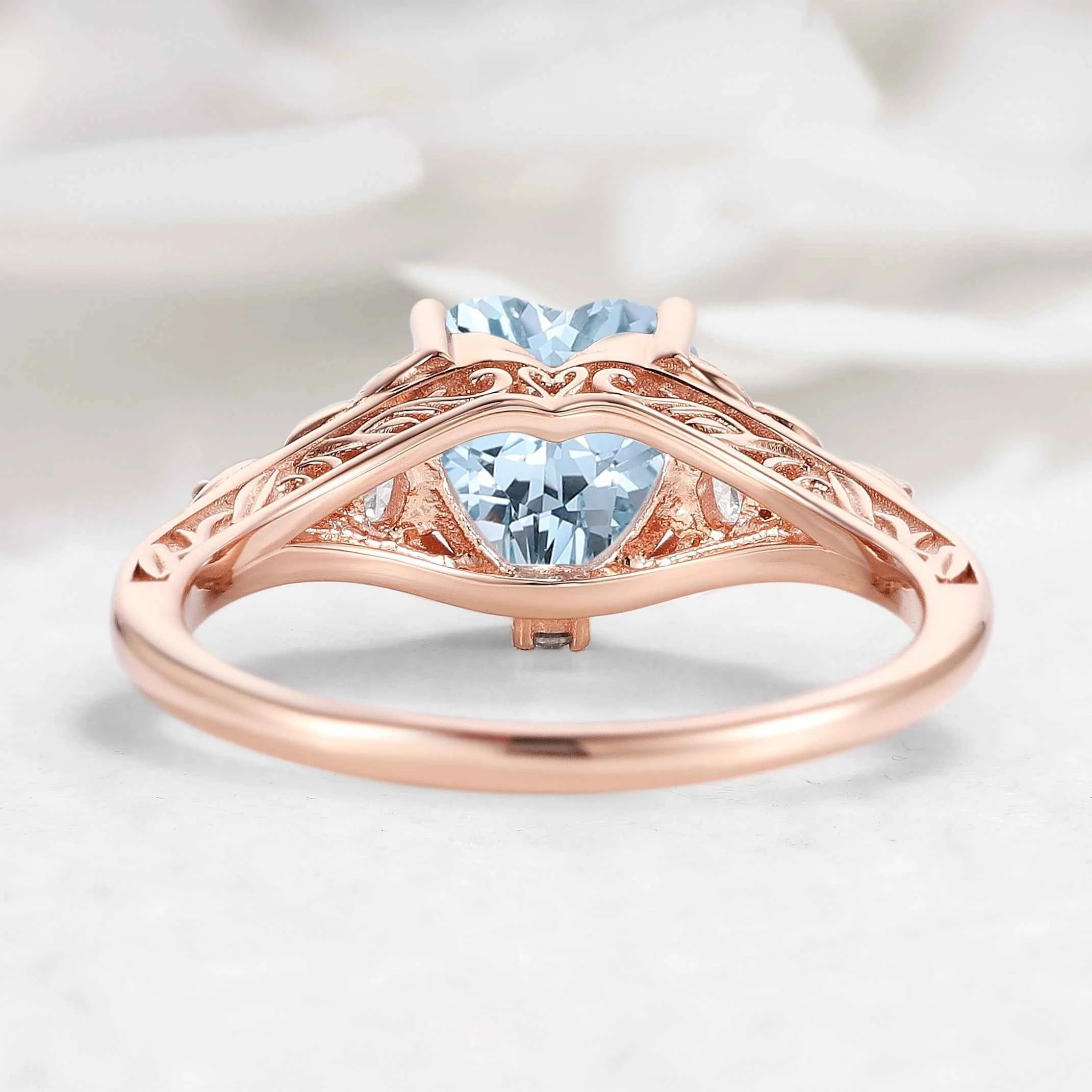 Nature-Inspired Heart-Shaped Aquamarine & Three-Stone Moissanite Engagement Ring - Sophia