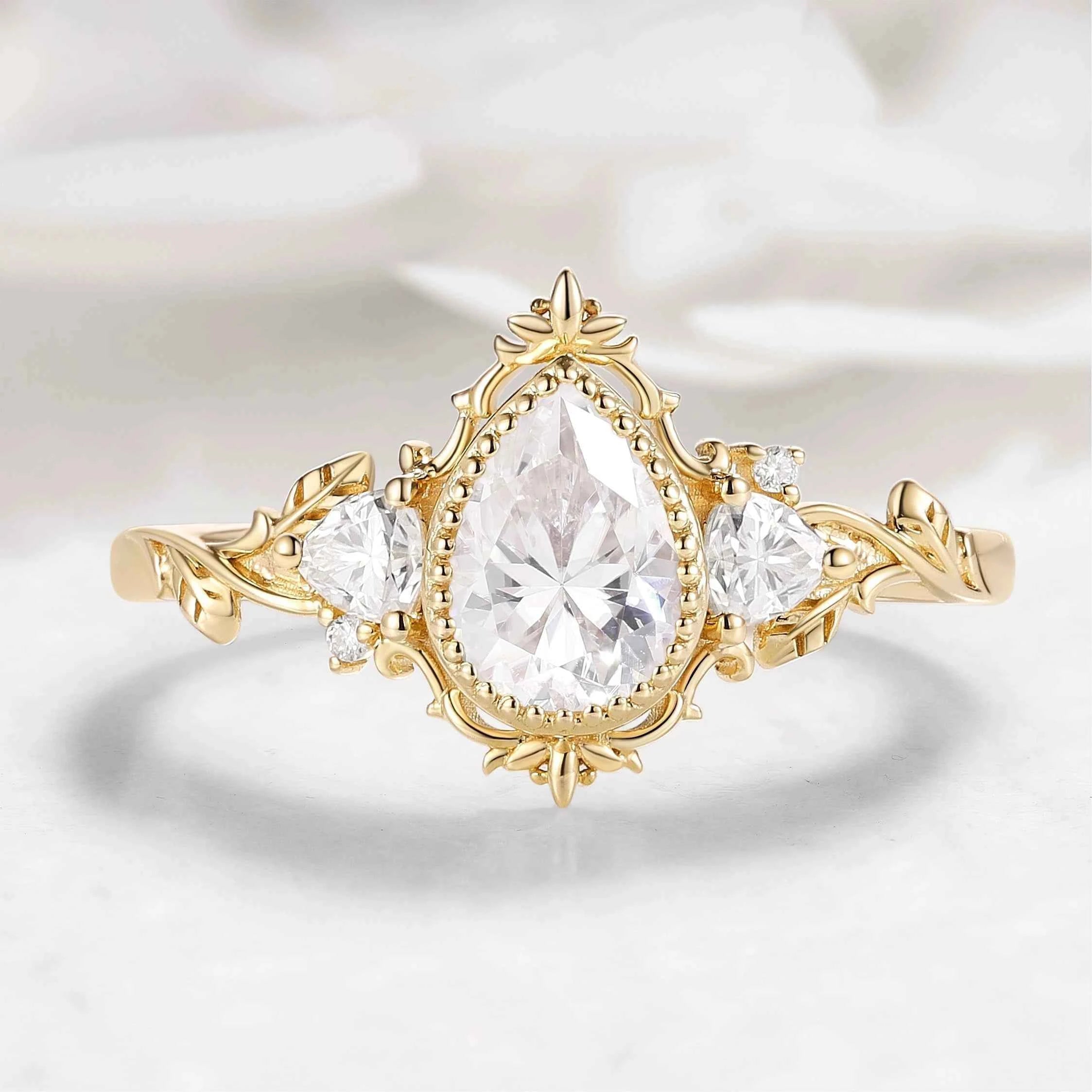 Custom Nature-Inspired Pear Cut Moss agate Engagement Ring with Pearl