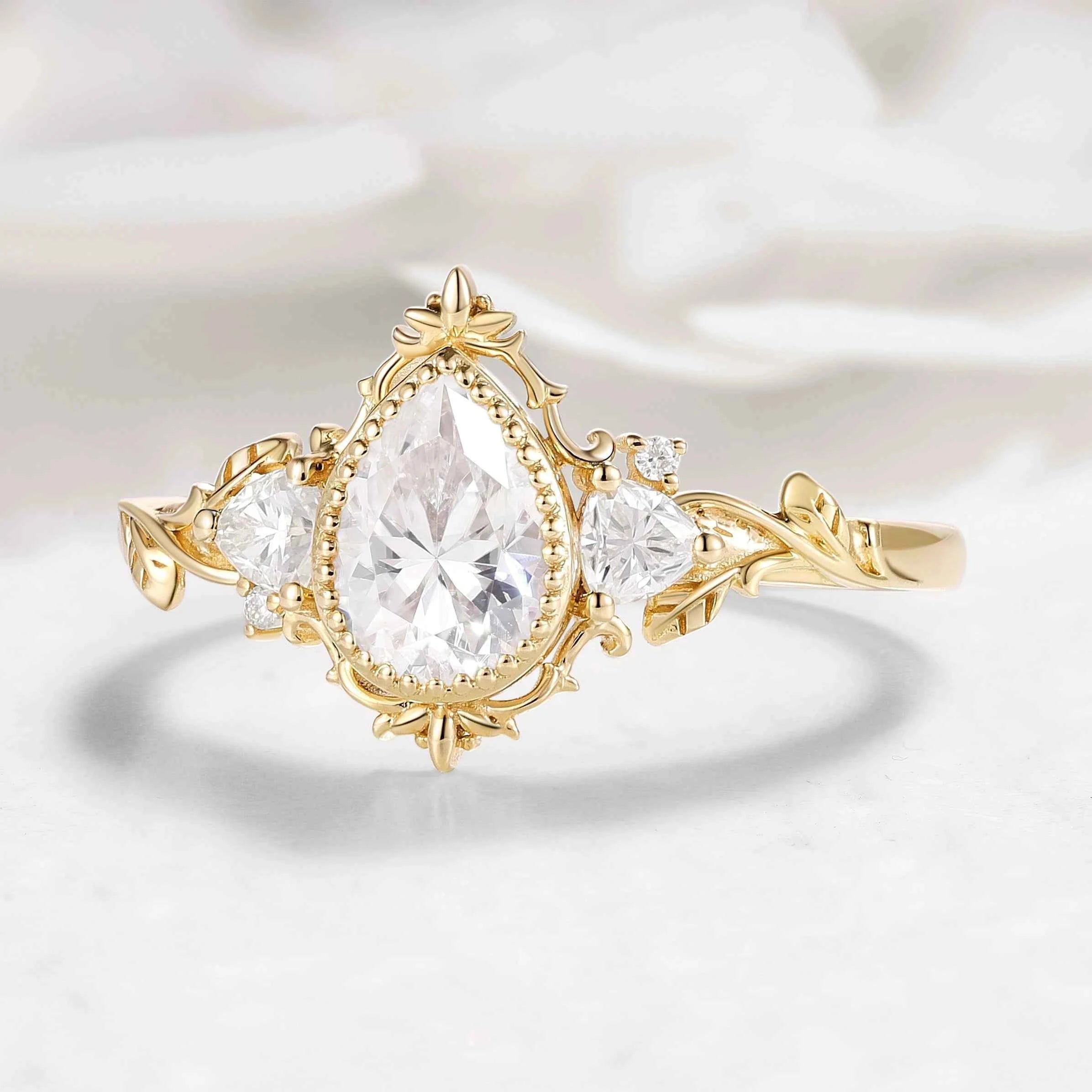 Custom Nature-Inspired Pear Cut Moss agate Engagement Ring with Pearl