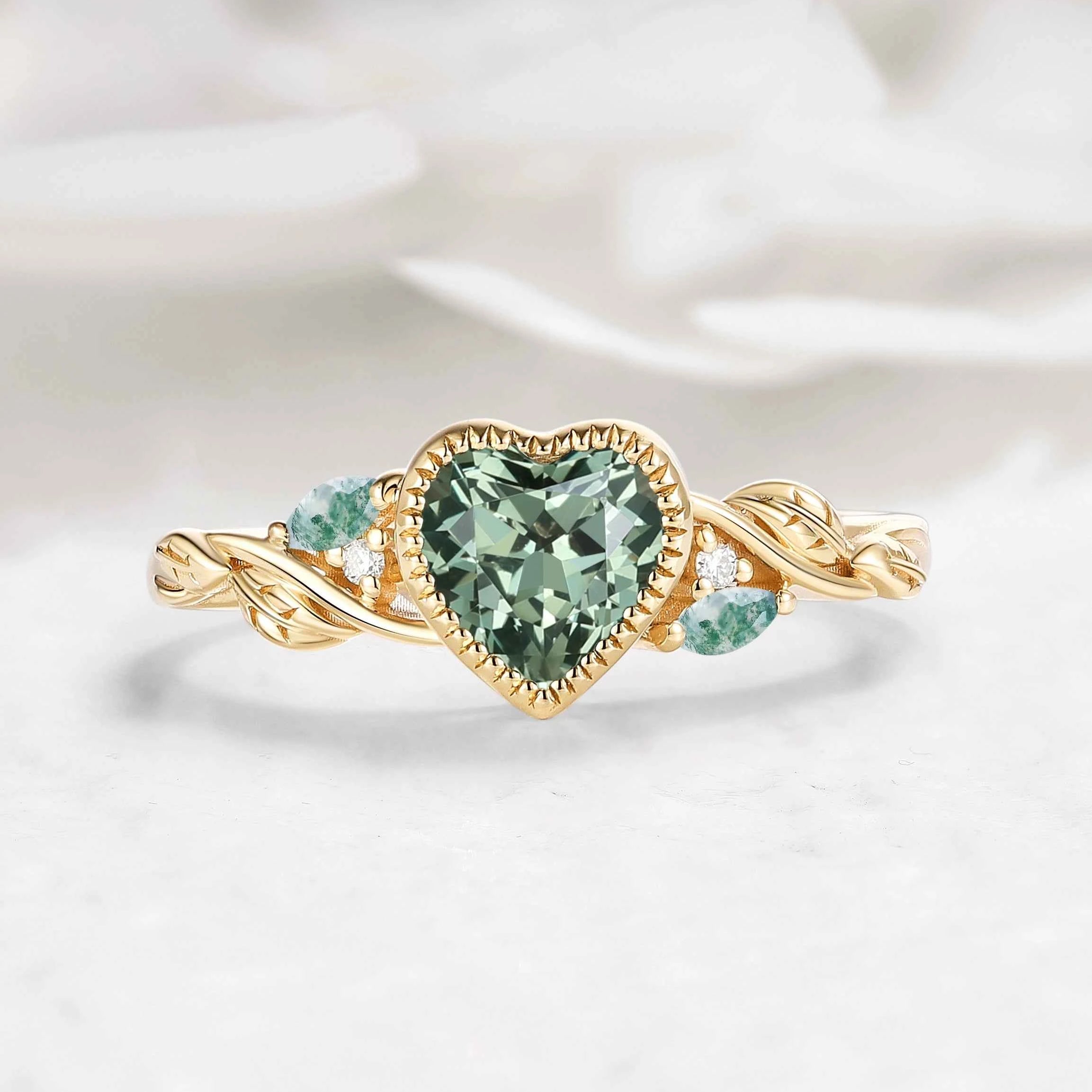 Nature-Inspired Leaf Heart-Cut Green Sapphire Bezel Engagement Ring & Moss Agate Accent - Isabellas