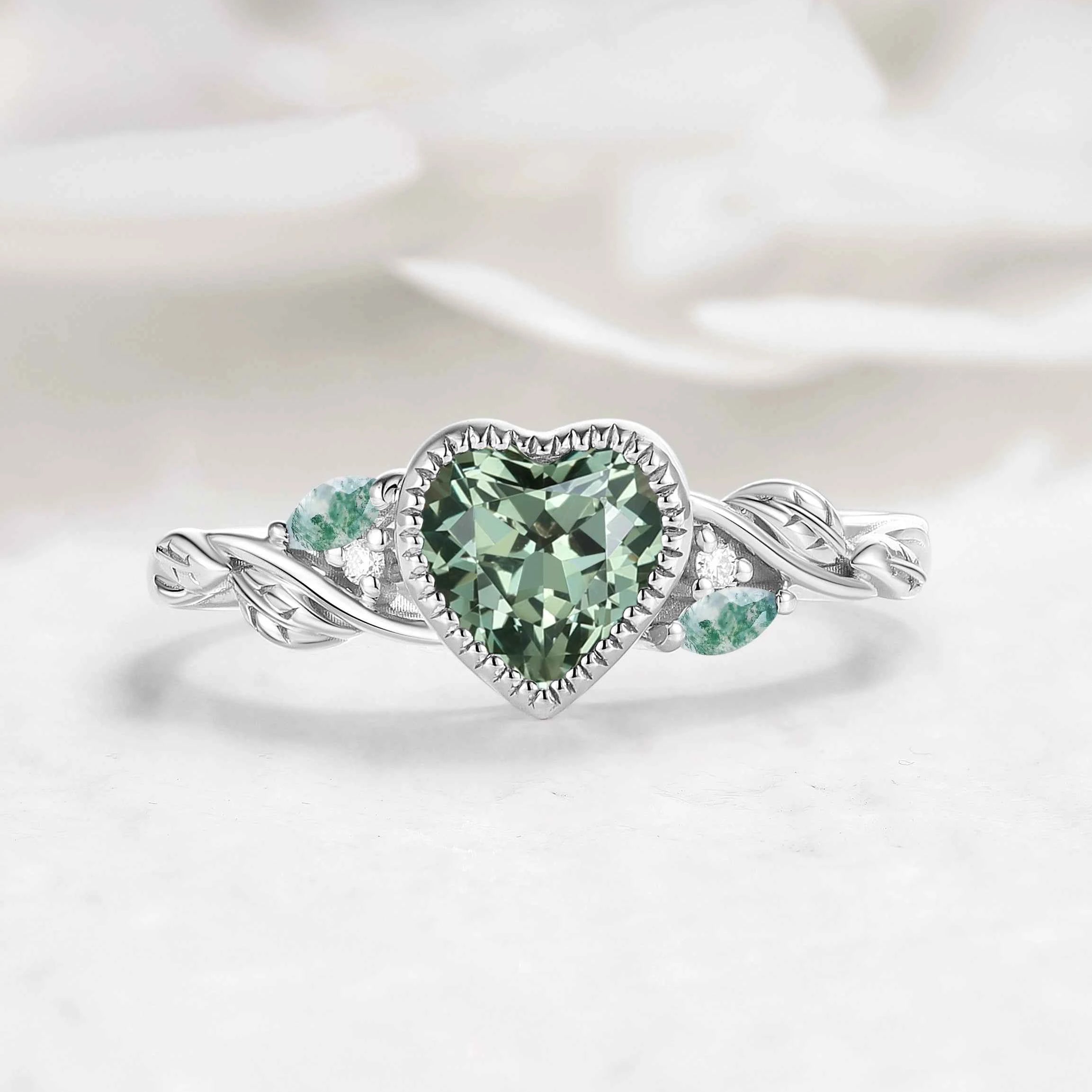 Nature-Inspired Leaf Heart-Cut Green Sapphire Bezel Engagement Ring & Moss Agate Accent - Isabellas