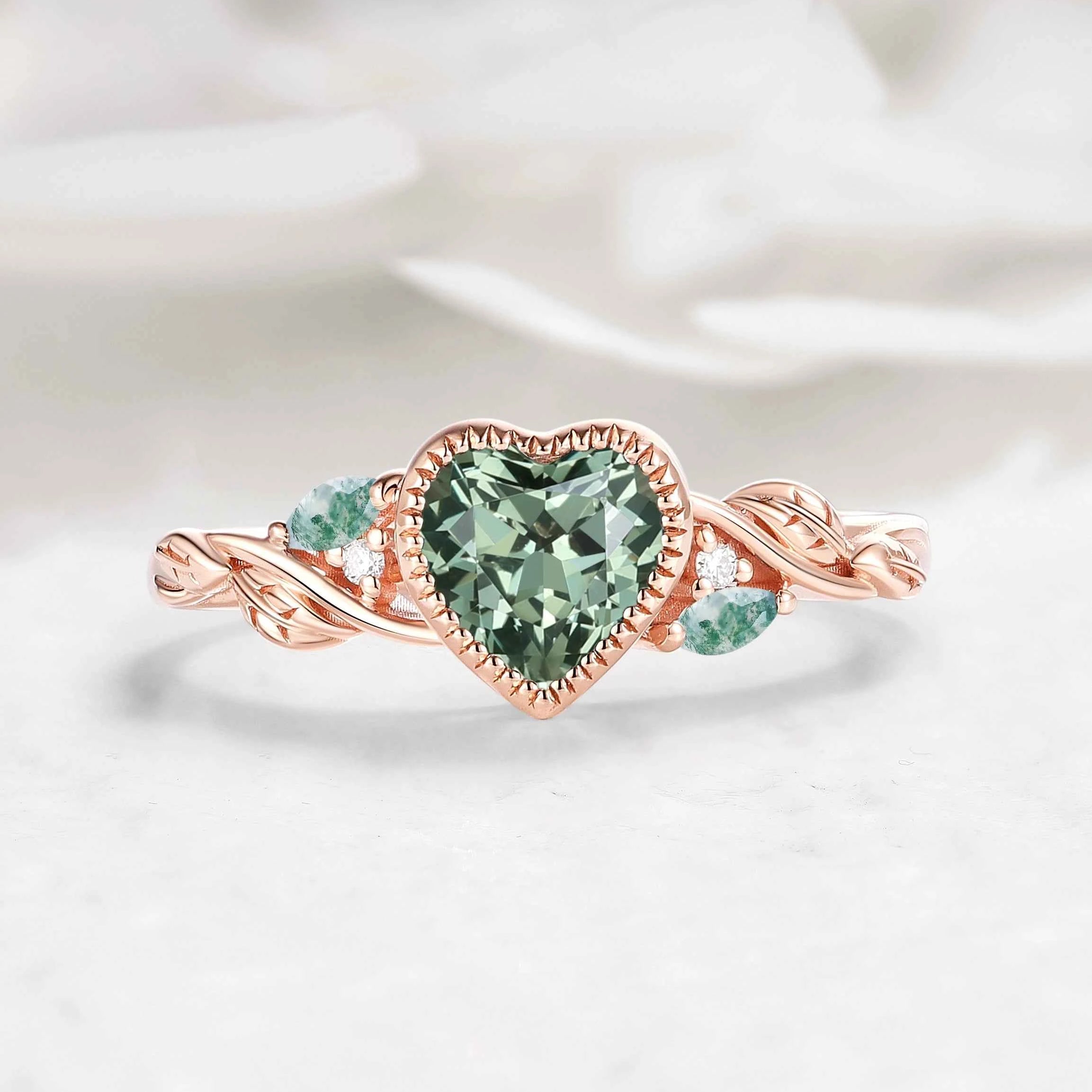 Nature-Inspired Leaf Heart-Cut Green Sapphire Bezel Engagement Ring & Moss Agate Accent - Isabellas