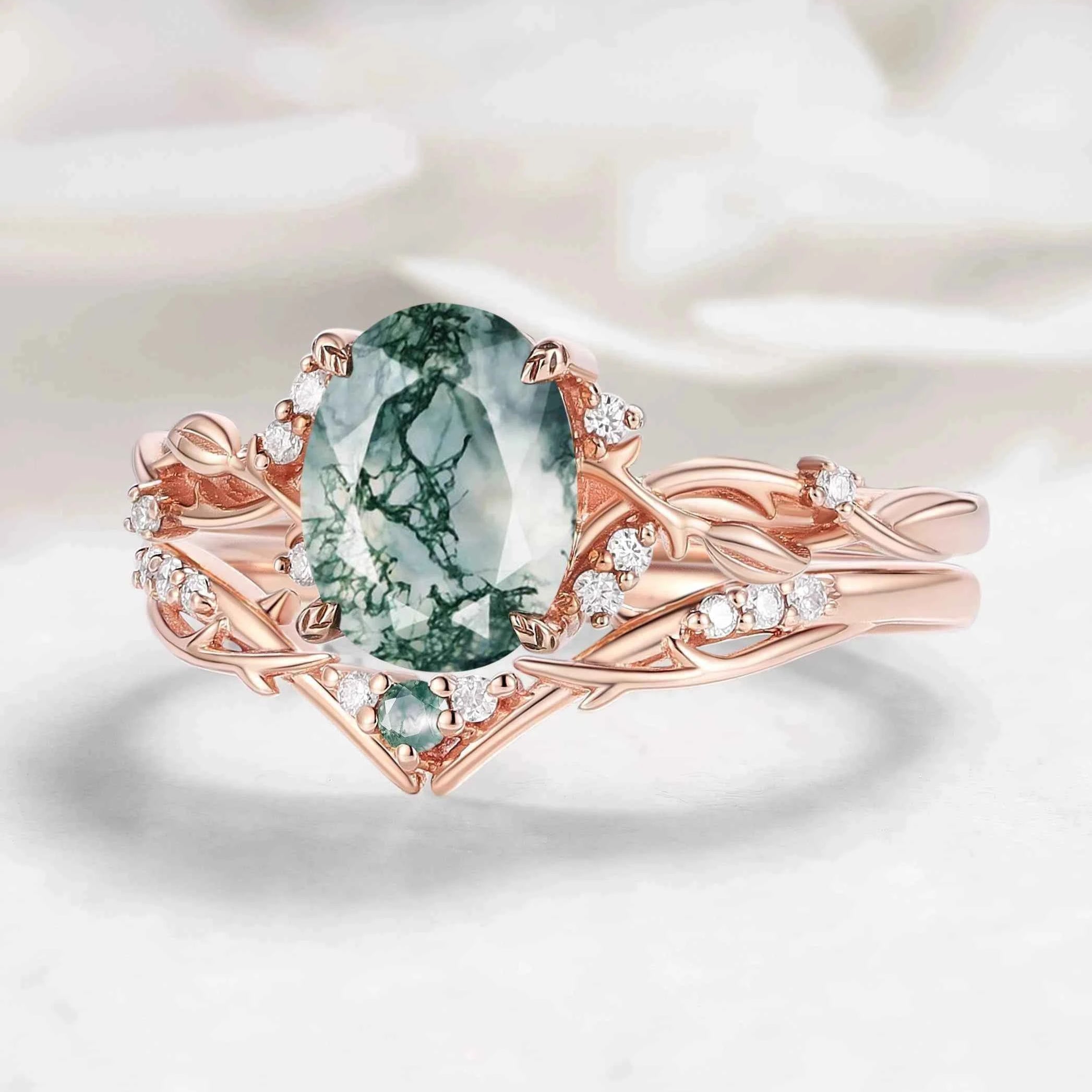 Nature-Inspired Leaf Oval Cut Moss Agate Engagement Ring 2pcs