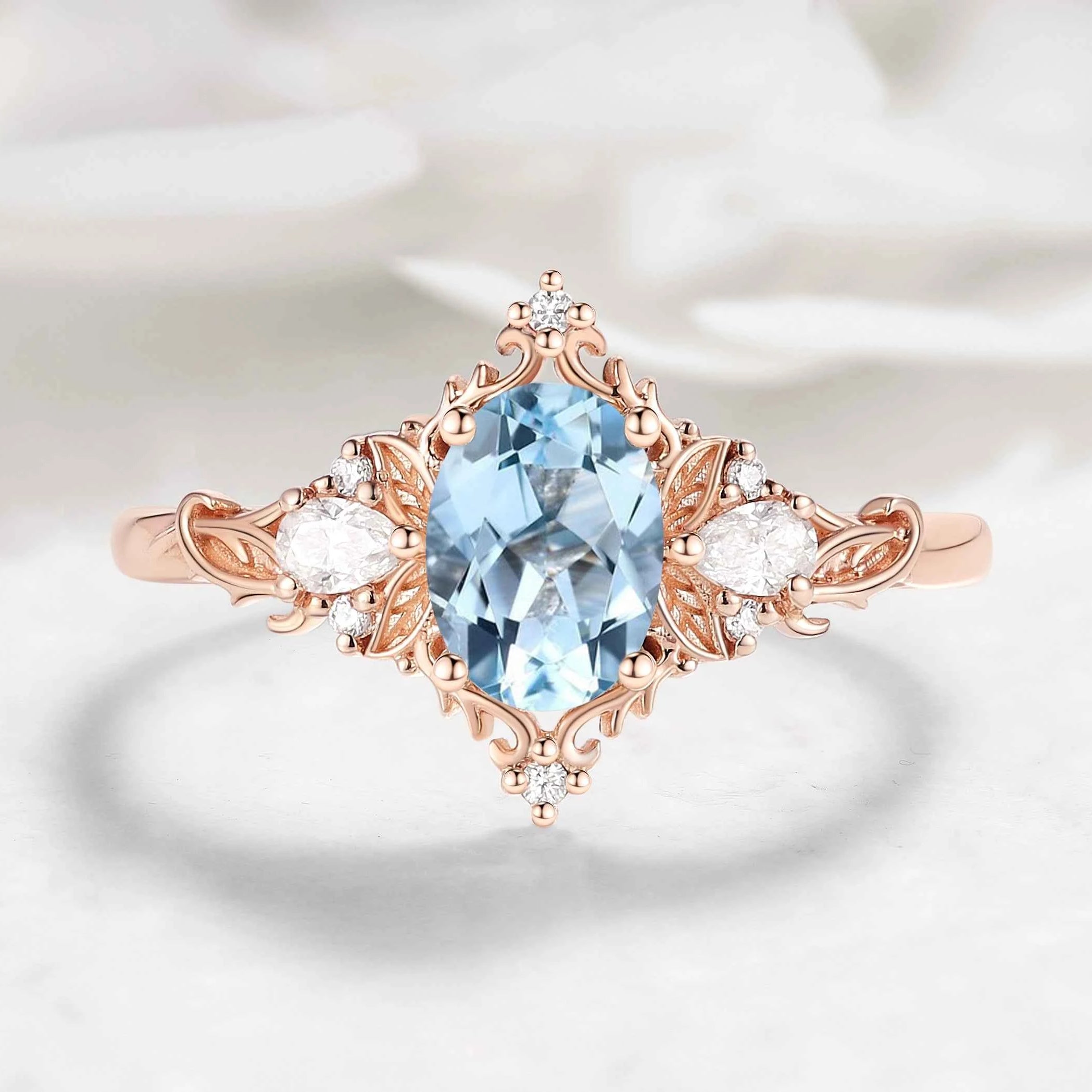 Oval Aquamarine & Pear Moissanite Engagement Ring with Leaf Motifs and Vine-Style Band - Seraphina