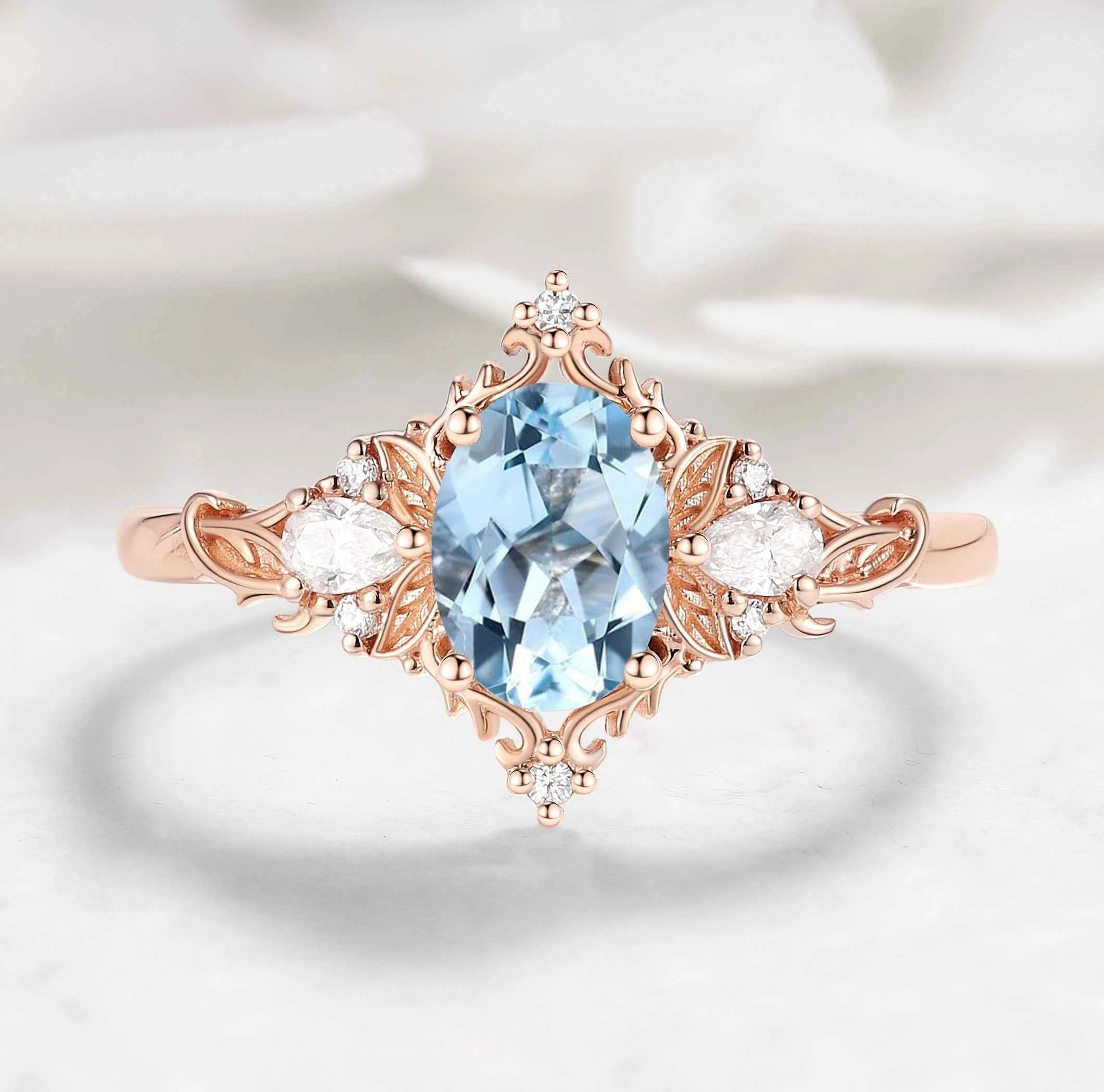 Oval Aquamarine & Pear Moissanite Engagement Ring with Leaf Motifs and Vine-Style Band - Seraphina