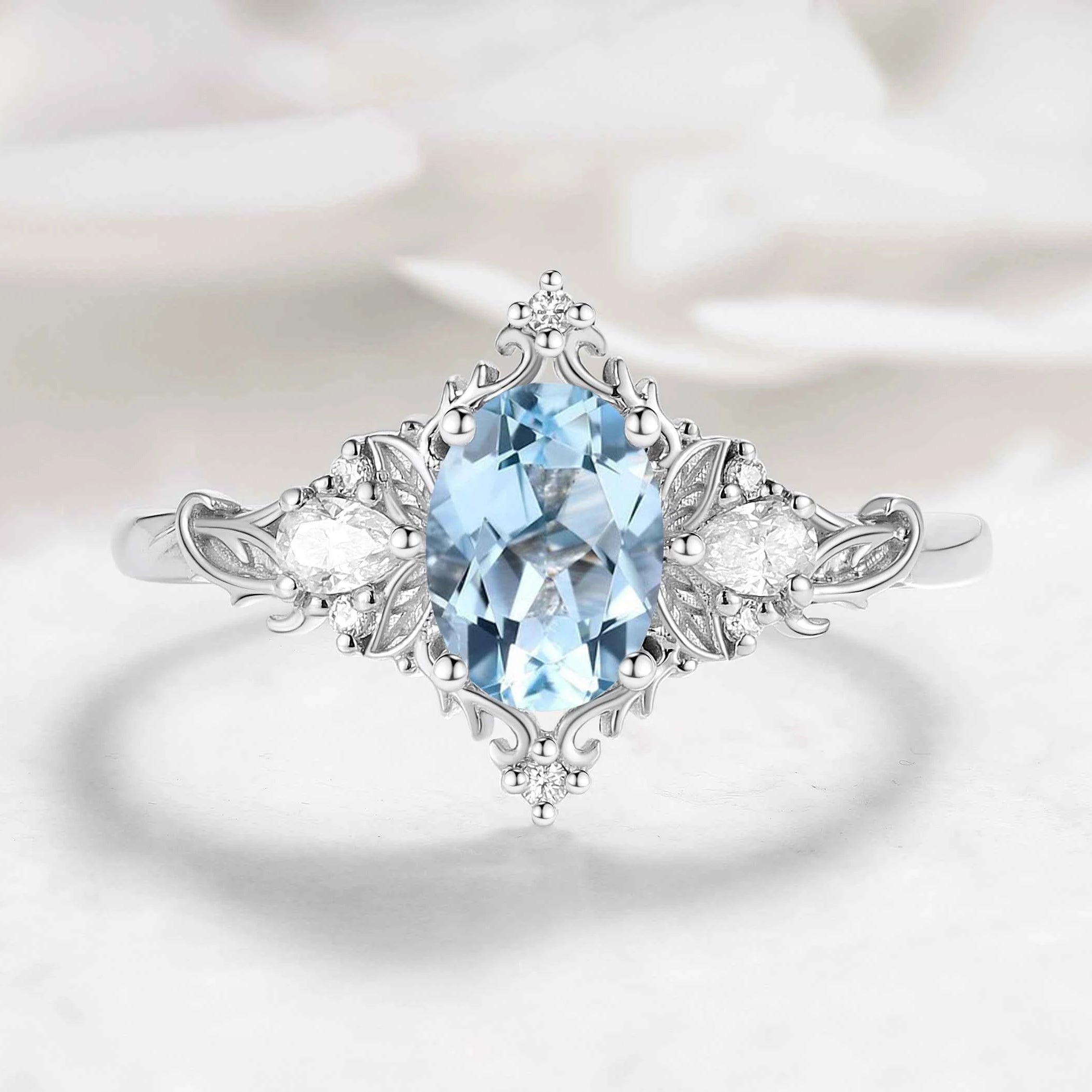 Oval Aquamarine & Pear Moissanite Engagement Ring with Leaf Motifs and Vine-Style Band - Seraphina