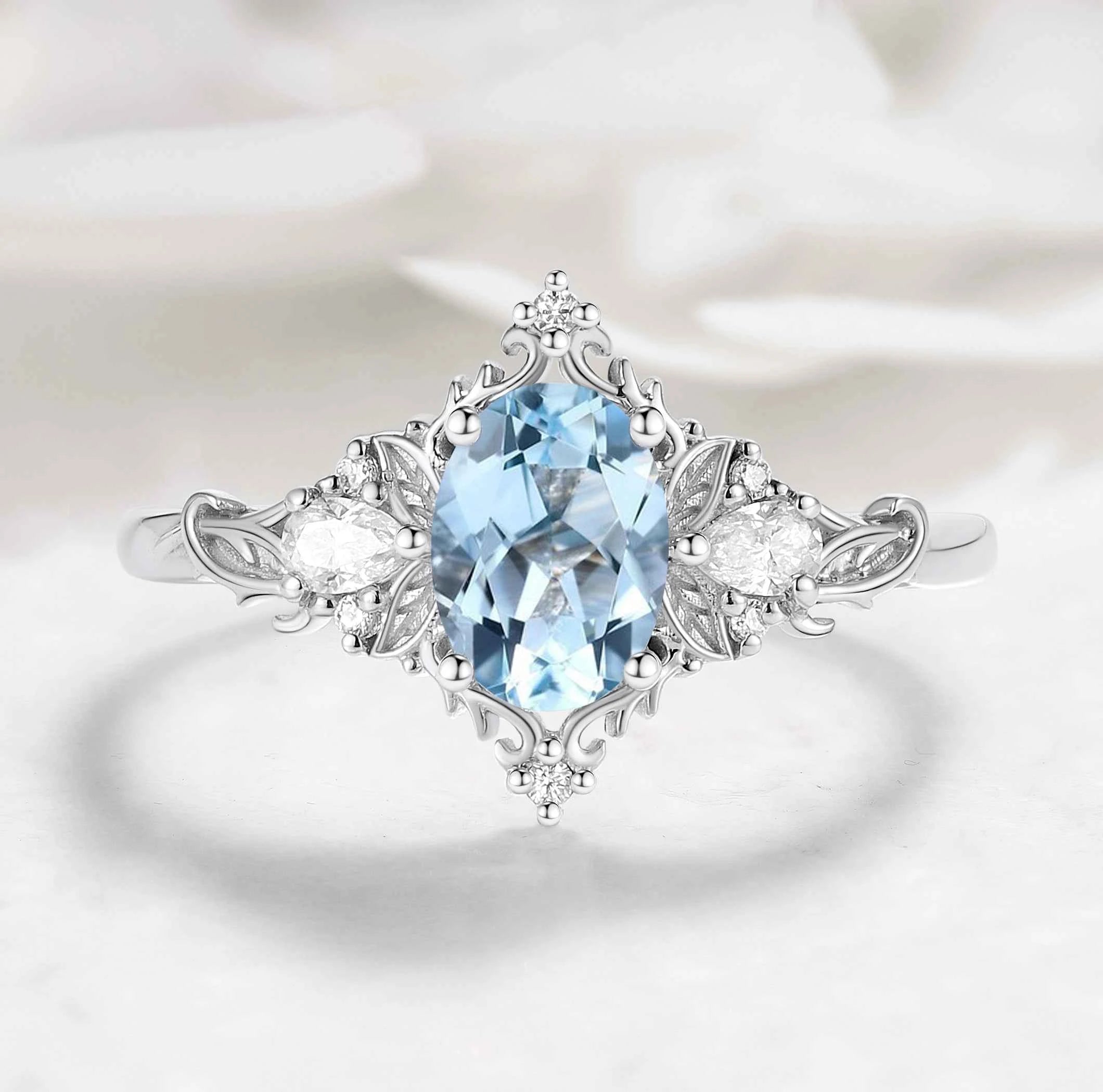 Oval Aquamarine & Pear Moissanite Engagement Ring with Leaf Motifs and Vine-Style Band - Seraphina