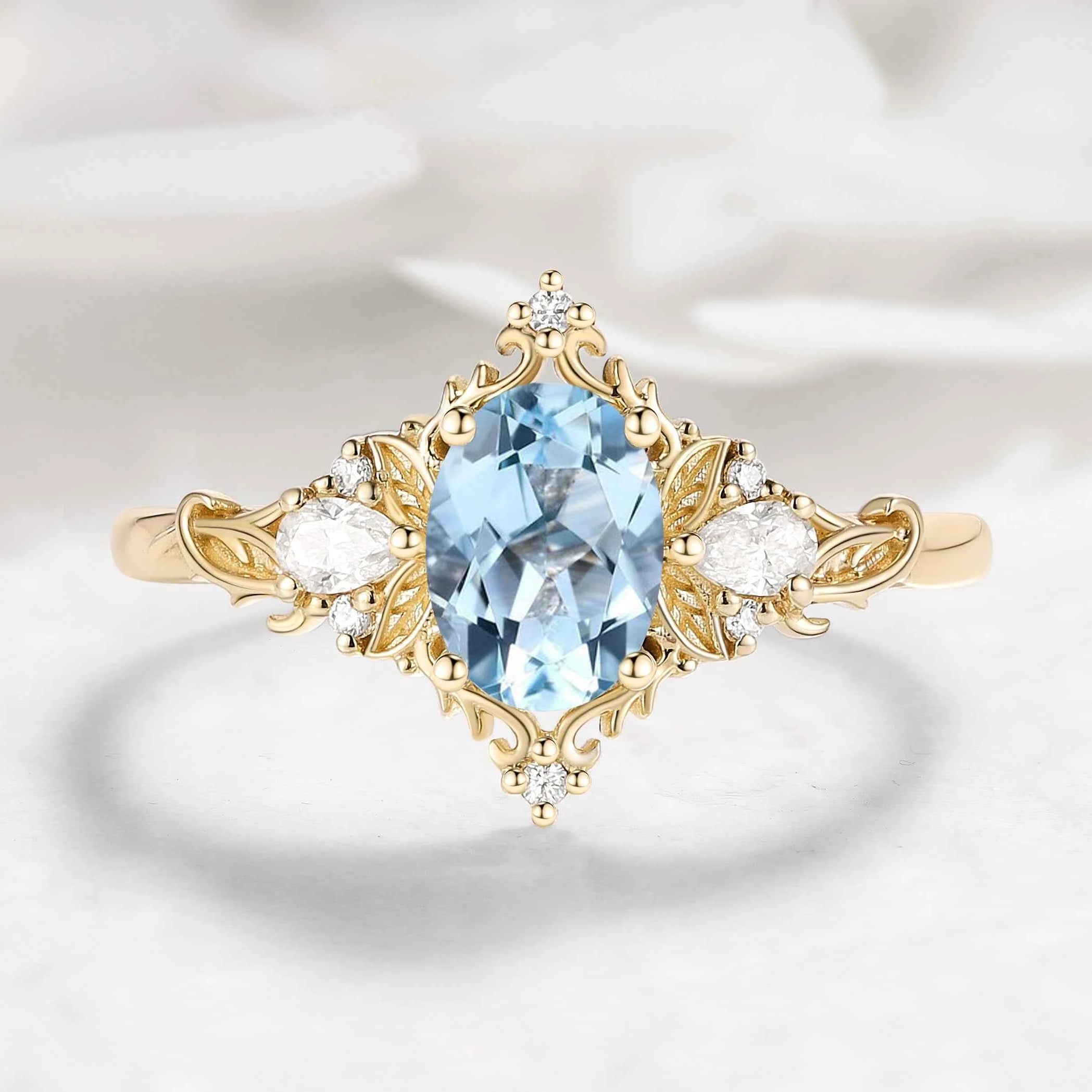 Oval Aquamarine & Pear Moissanite Engagement Ring with Leaf Motifs and Vine-Style Band - Seraphina