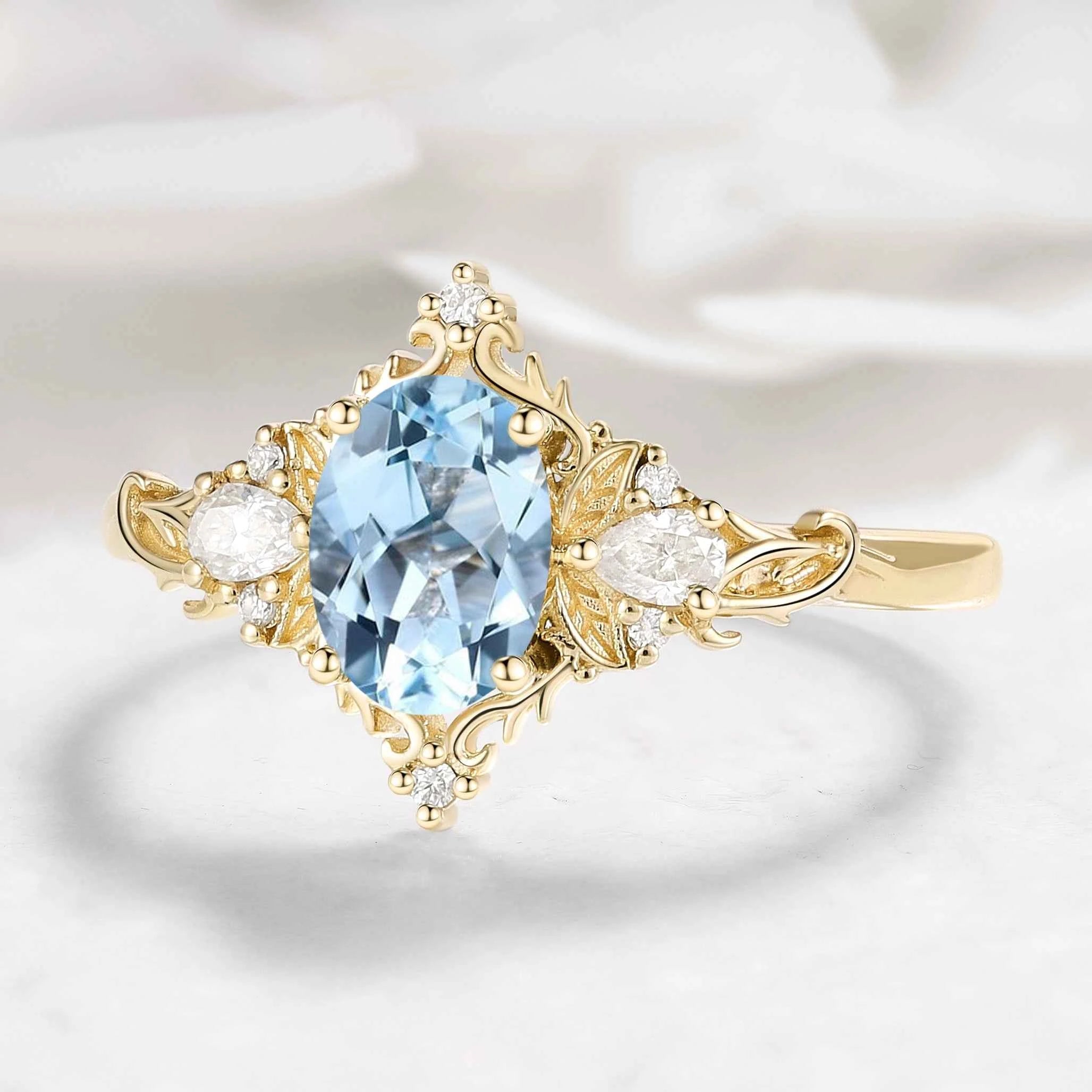 Oval Aquamarine & Pear Moissanite Engagement Ring with Leaf Motifs and Vine-Style Band - Seraphina