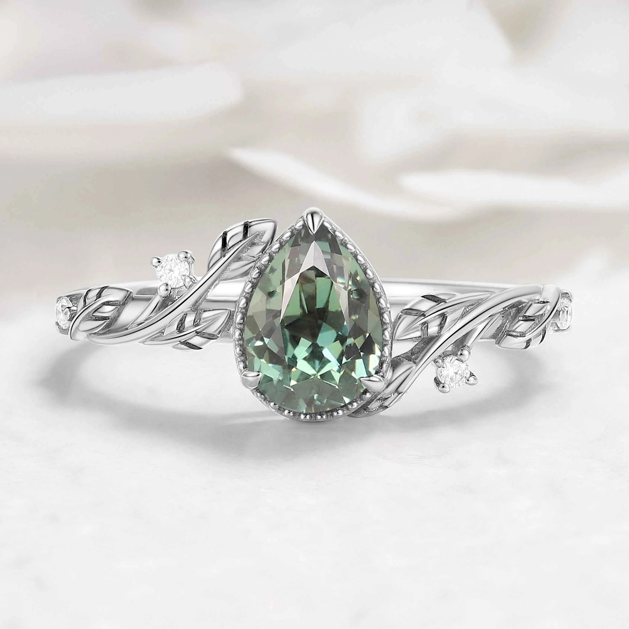 Nature-Inspired Pear Cut Green Sapphire Engagement Ring
