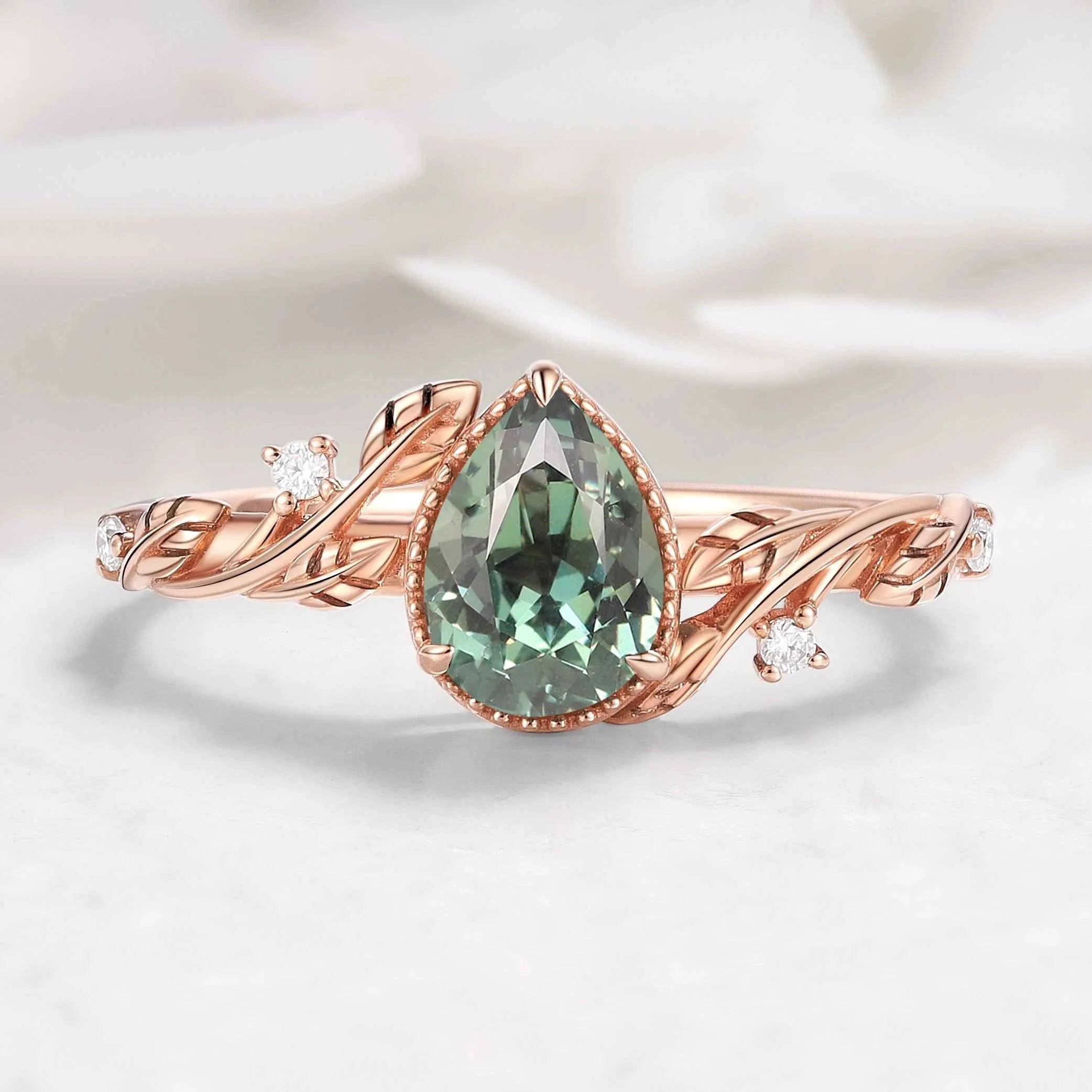 Nature-Inspired Pear Cut Green Sapphire Engagement Ring