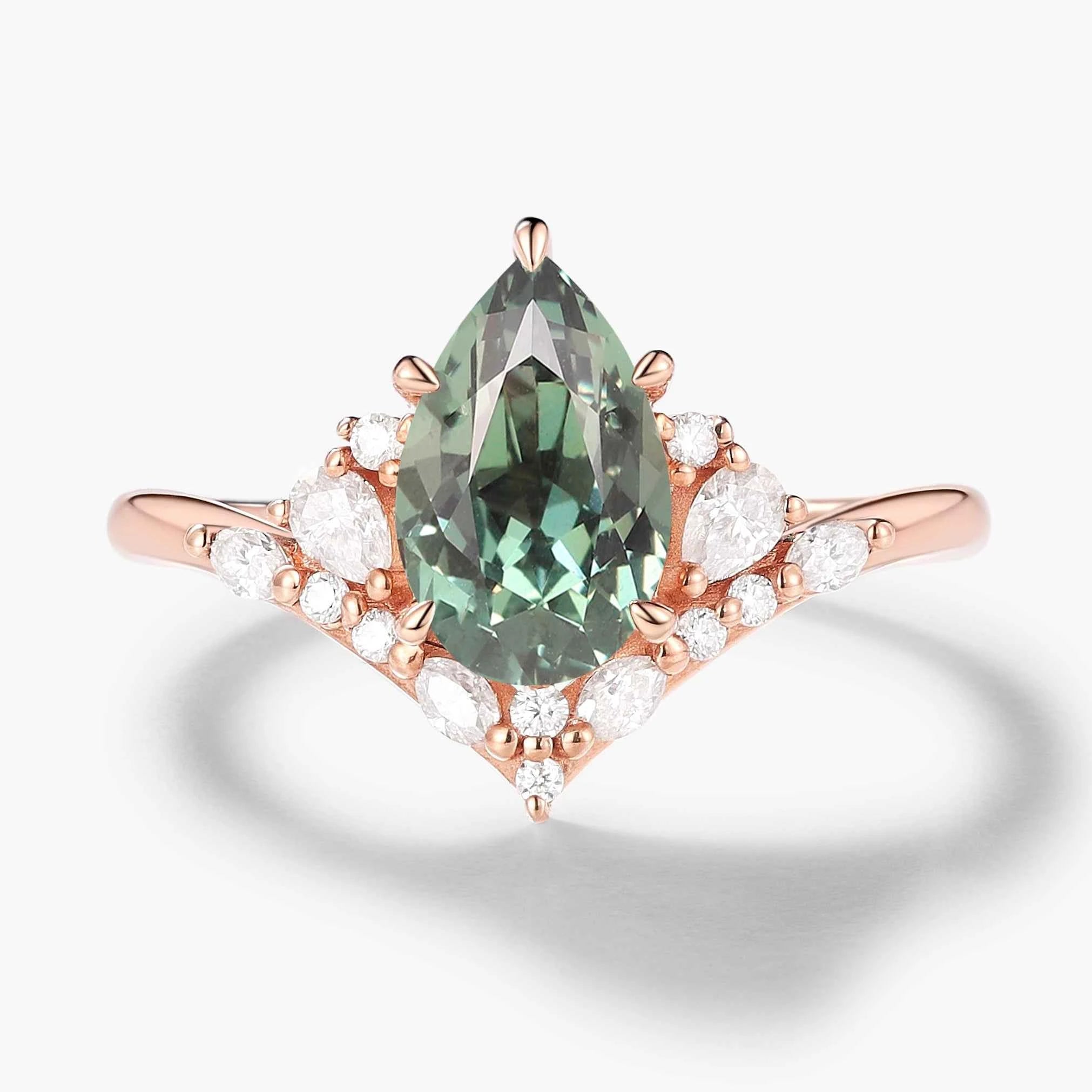 Pavé Half-Halo Pear Cut Green Sapphire Engagement Ring