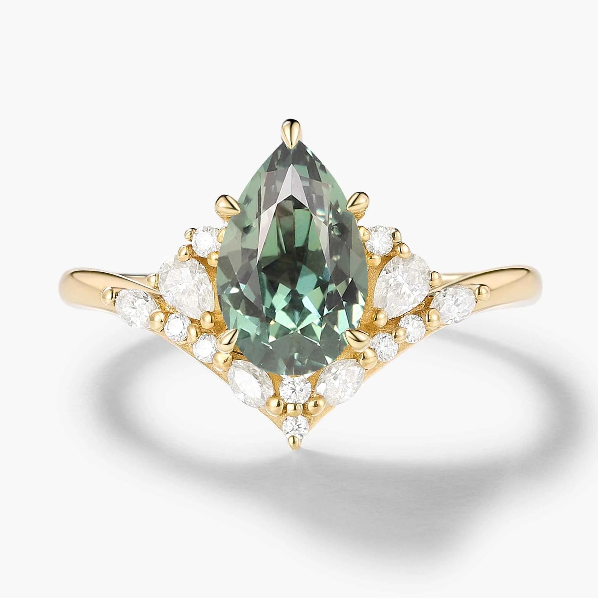 Pavé Half-Halo Pear Cut Green Sapphire Engagement Ring