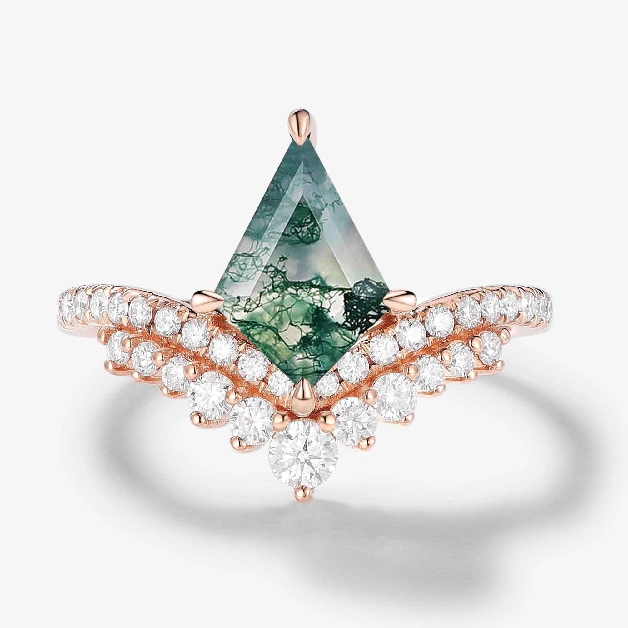 Kite-Shaped Moss Agate Pavé V-Double Band Engagement Ring