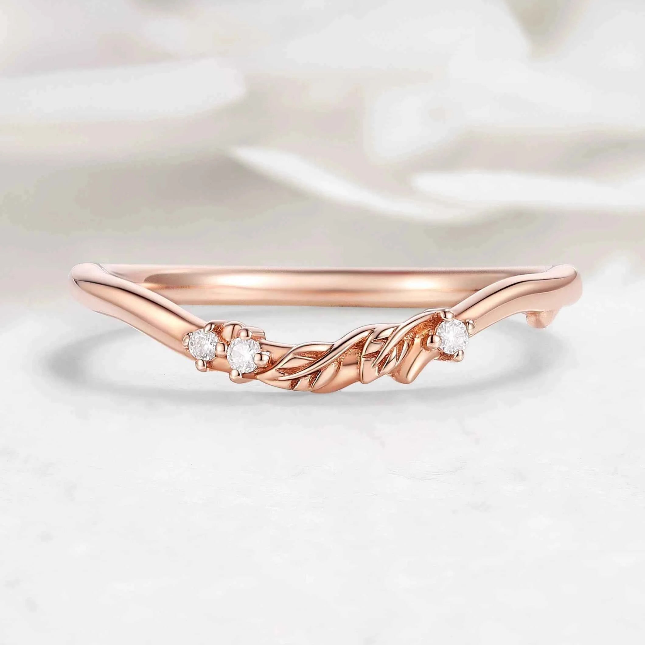 Nature-Inspired Leaf Moissanite Chevron Wedding Band