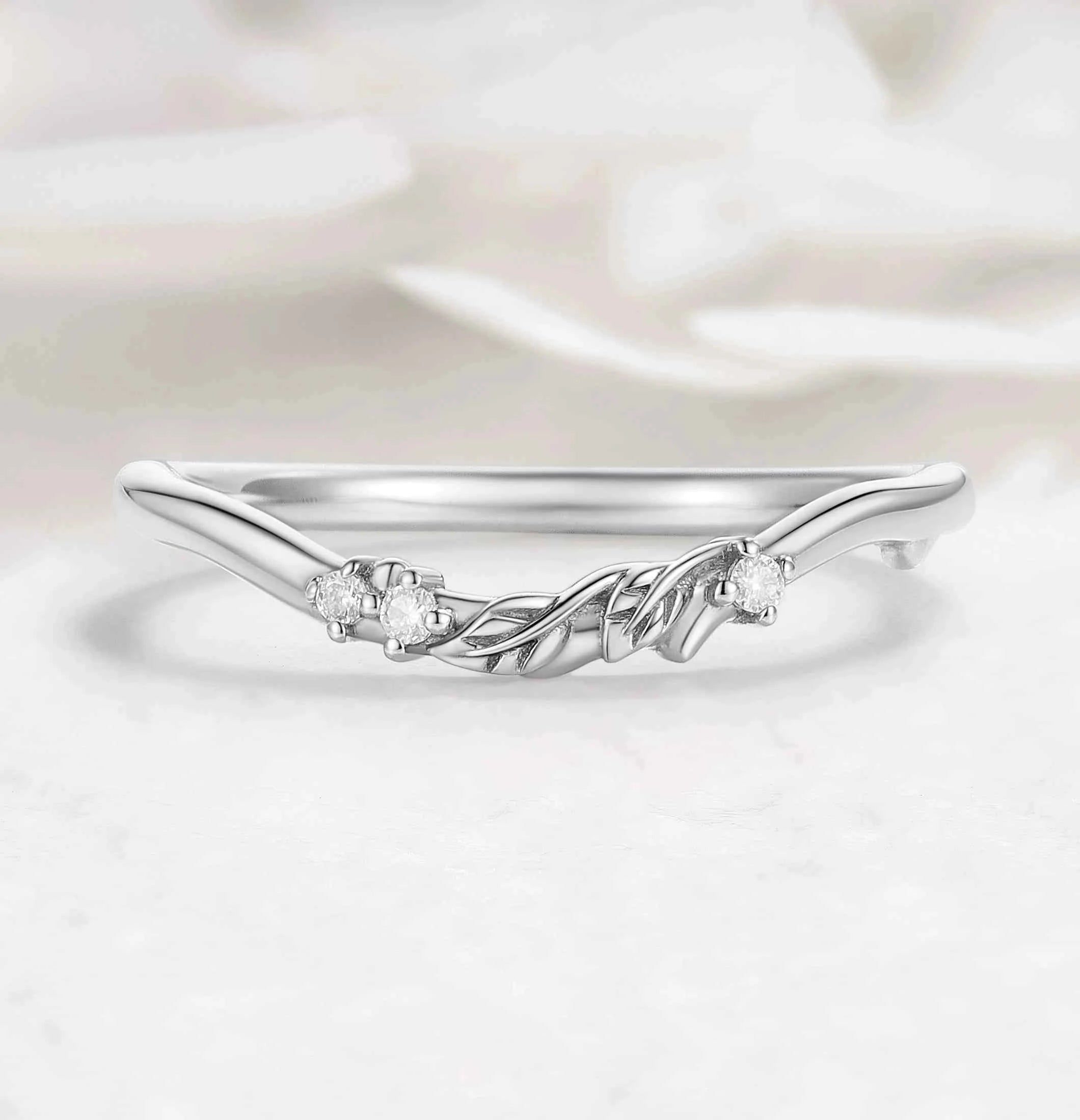 Nature-Inspired Leaf Moissanite Chevron Wedding Band