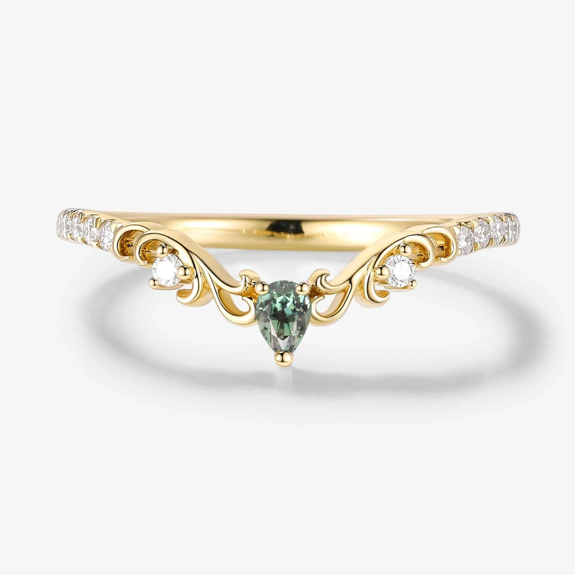 Pear Cut Natural Teal Sapphire & Moissanite Curved Wedding Band