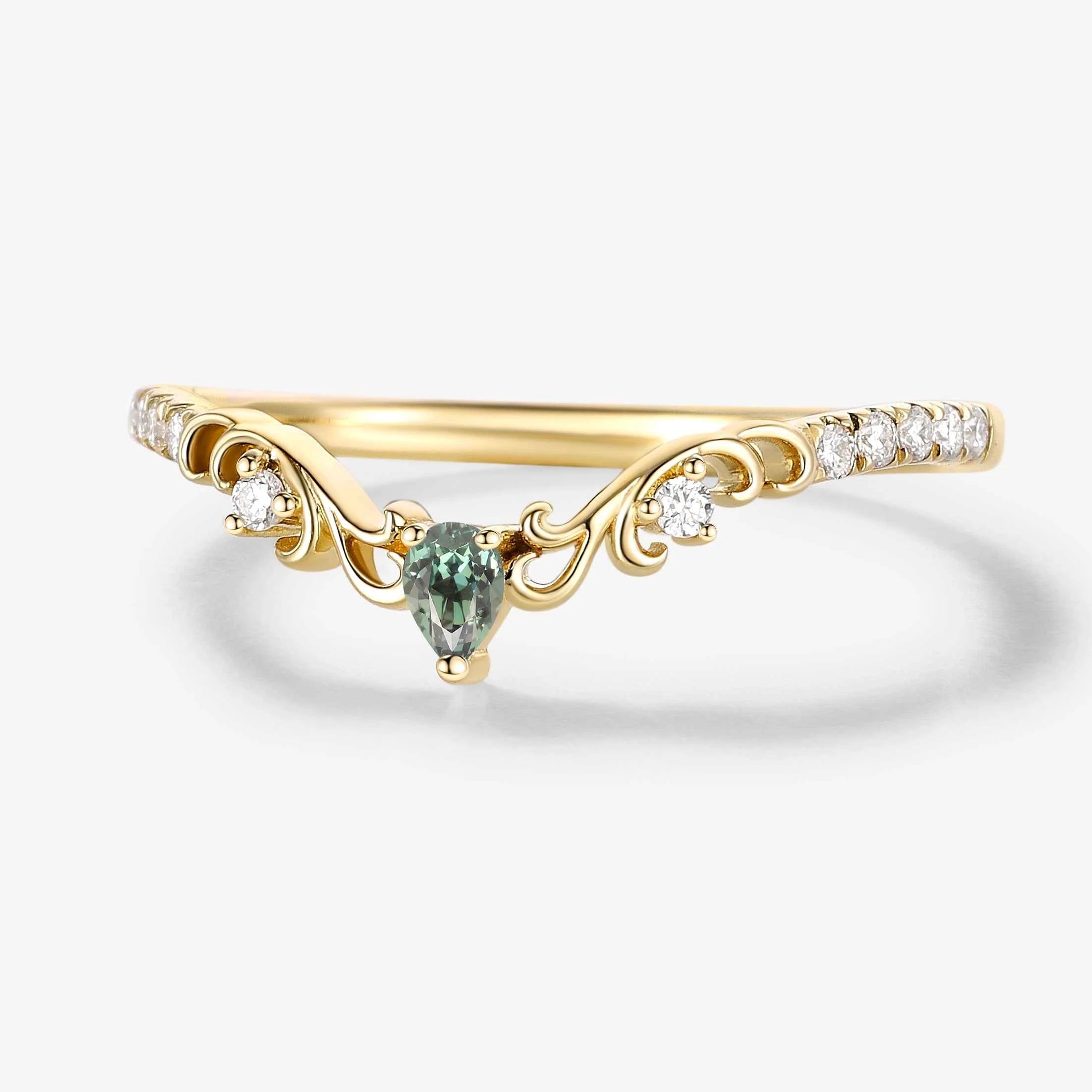 Pear Cut Natural Teal Sapphire & Moissanite Curved Wedding Band