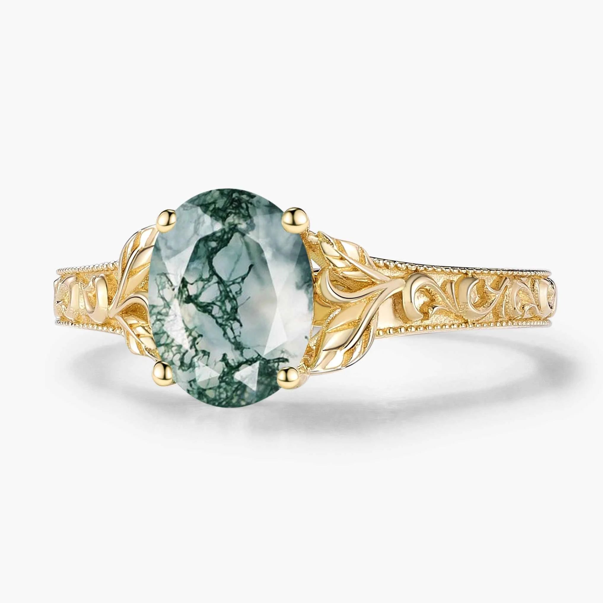 Oval-Cut Moss Agate Engagement Ring with Leaf-Embraced Band