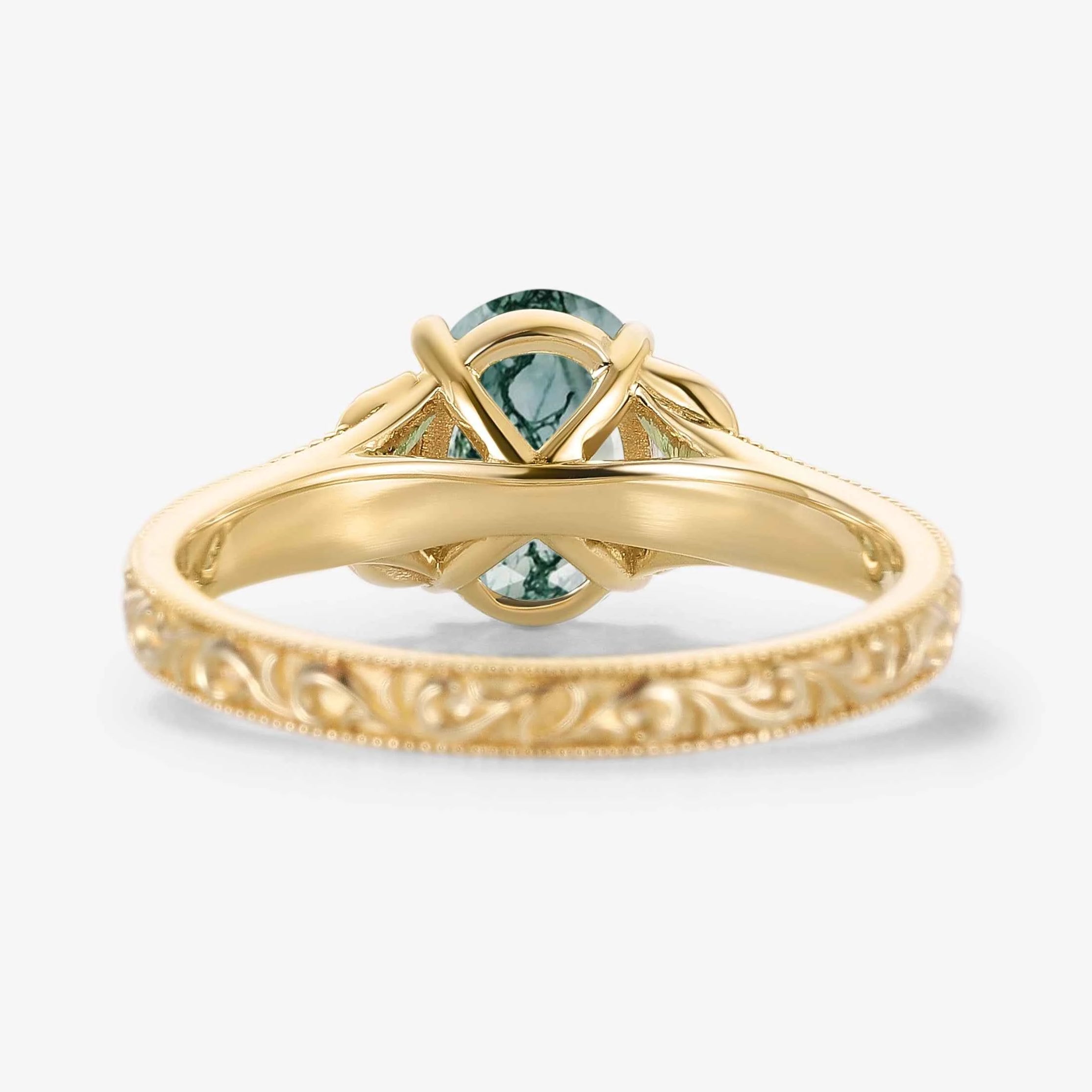 Oval-Cut Moss Agate Engagement Ring with Leaf-Embraced Band