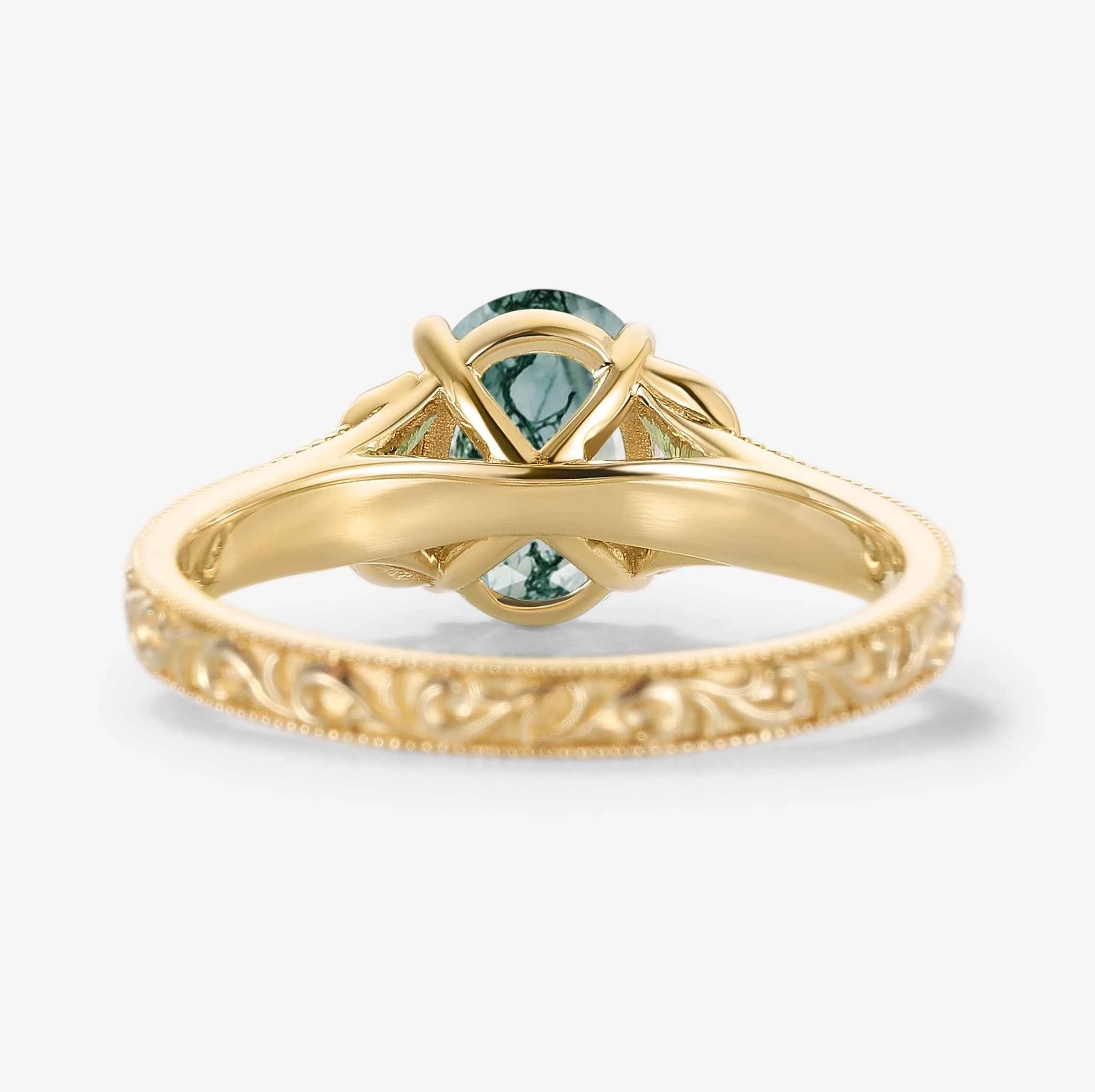 Oval-Cut Moss Agate Engagement Ring with Leaf-Embraced Band