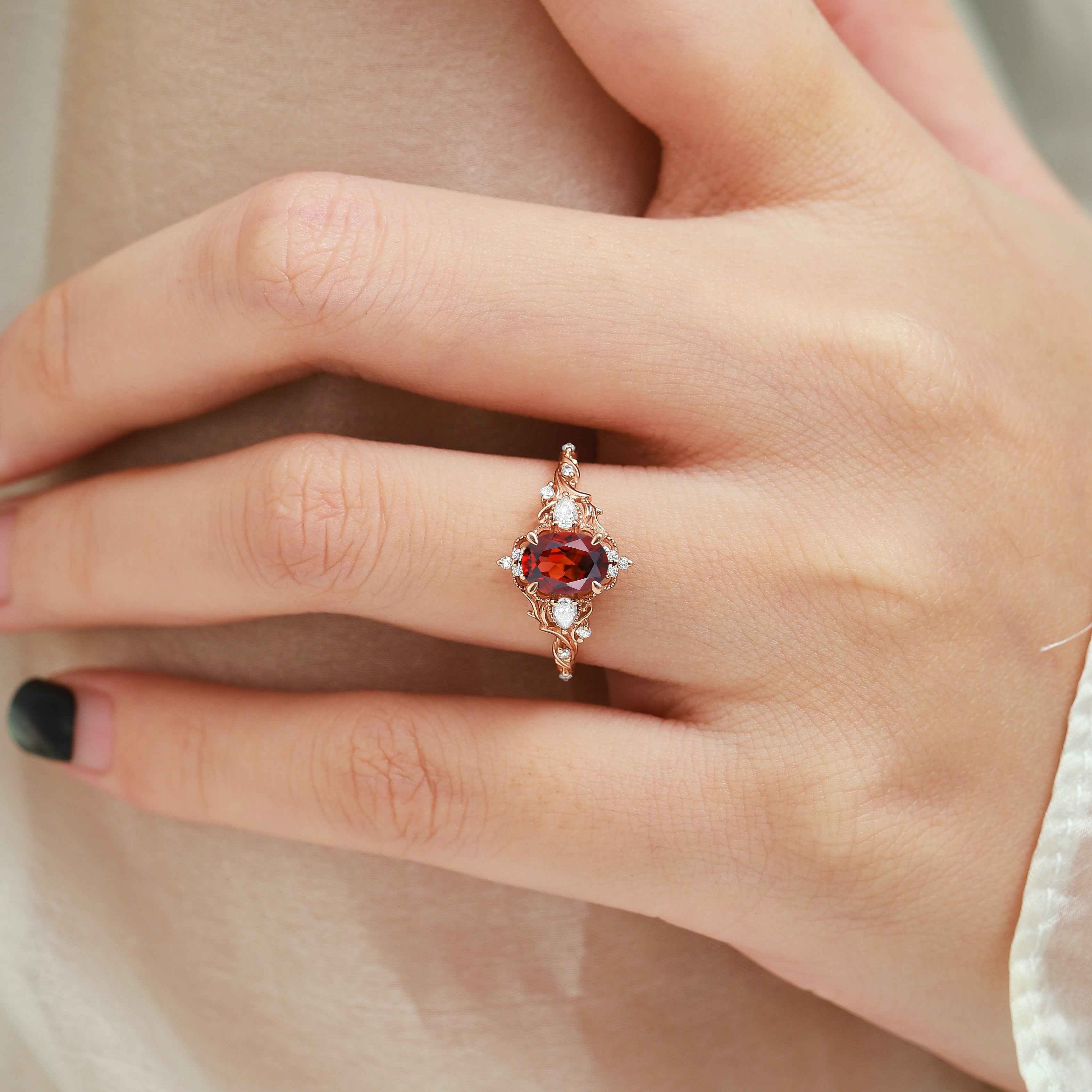 Pine Leaf Bezel-Set Oval Ruby Engagement Ring