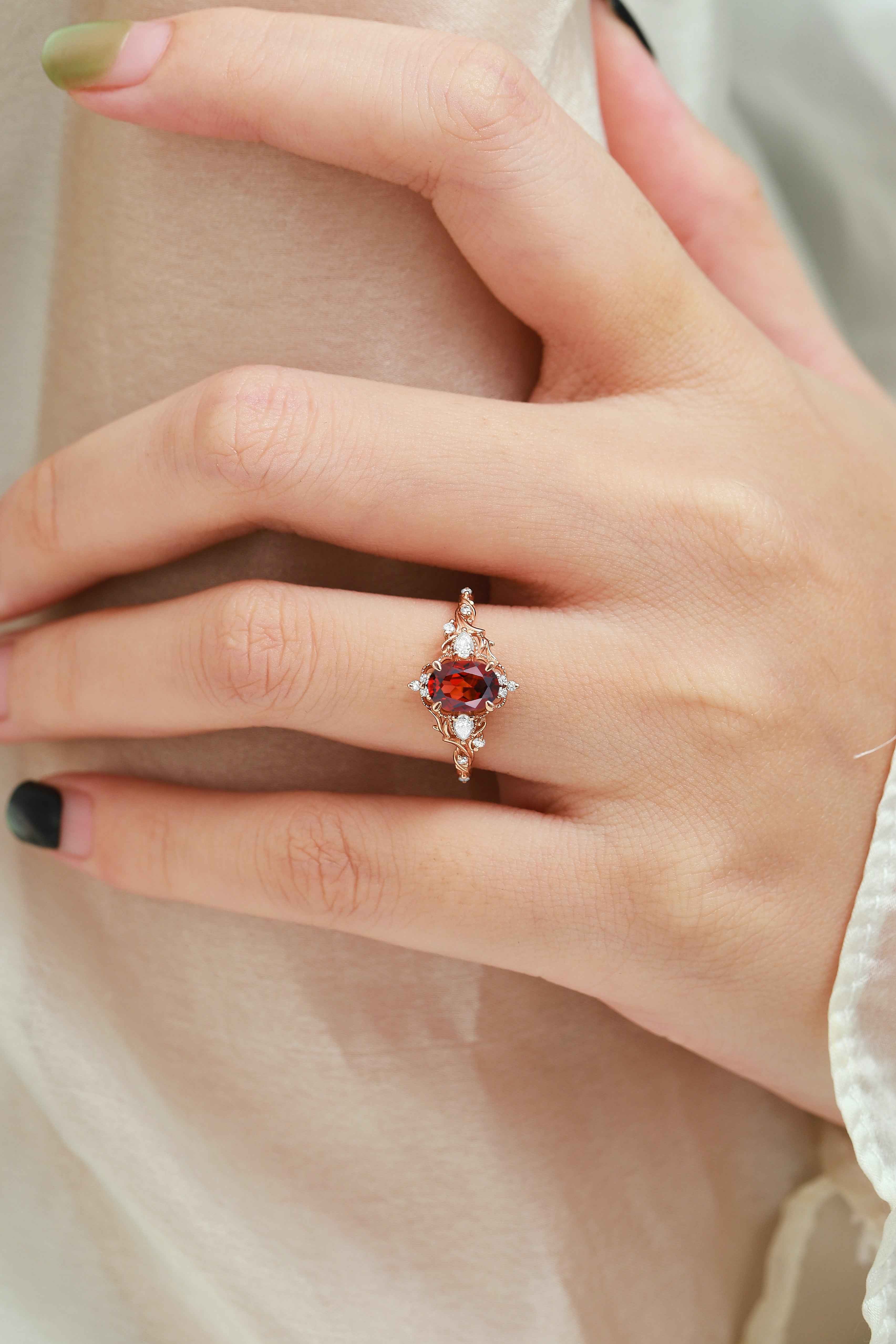 Pine Leaf Bezel-Set Oval Ruby Engagement Ring