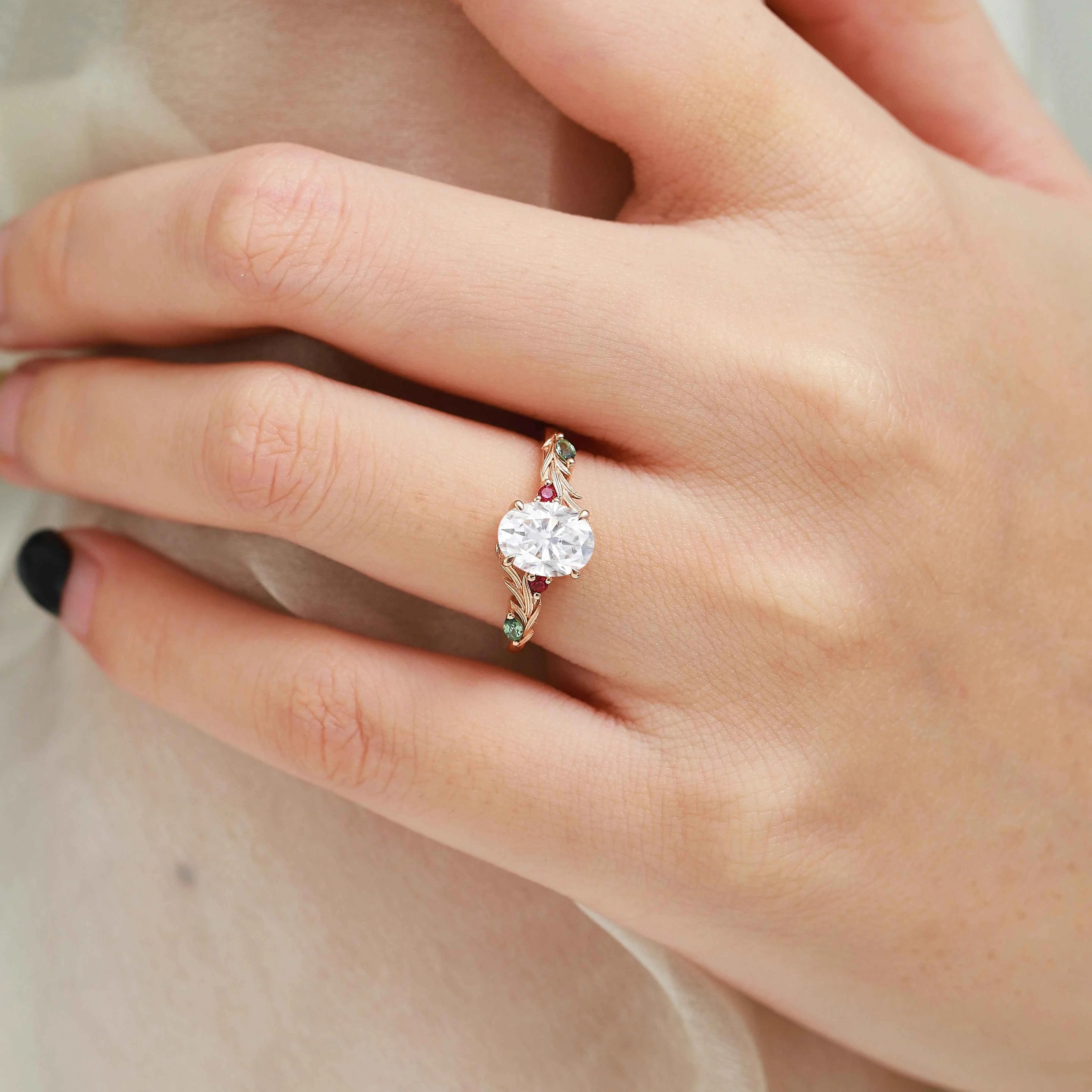 Oval Cut Moissanite Pine Leaf Engagement Ring - Rowan