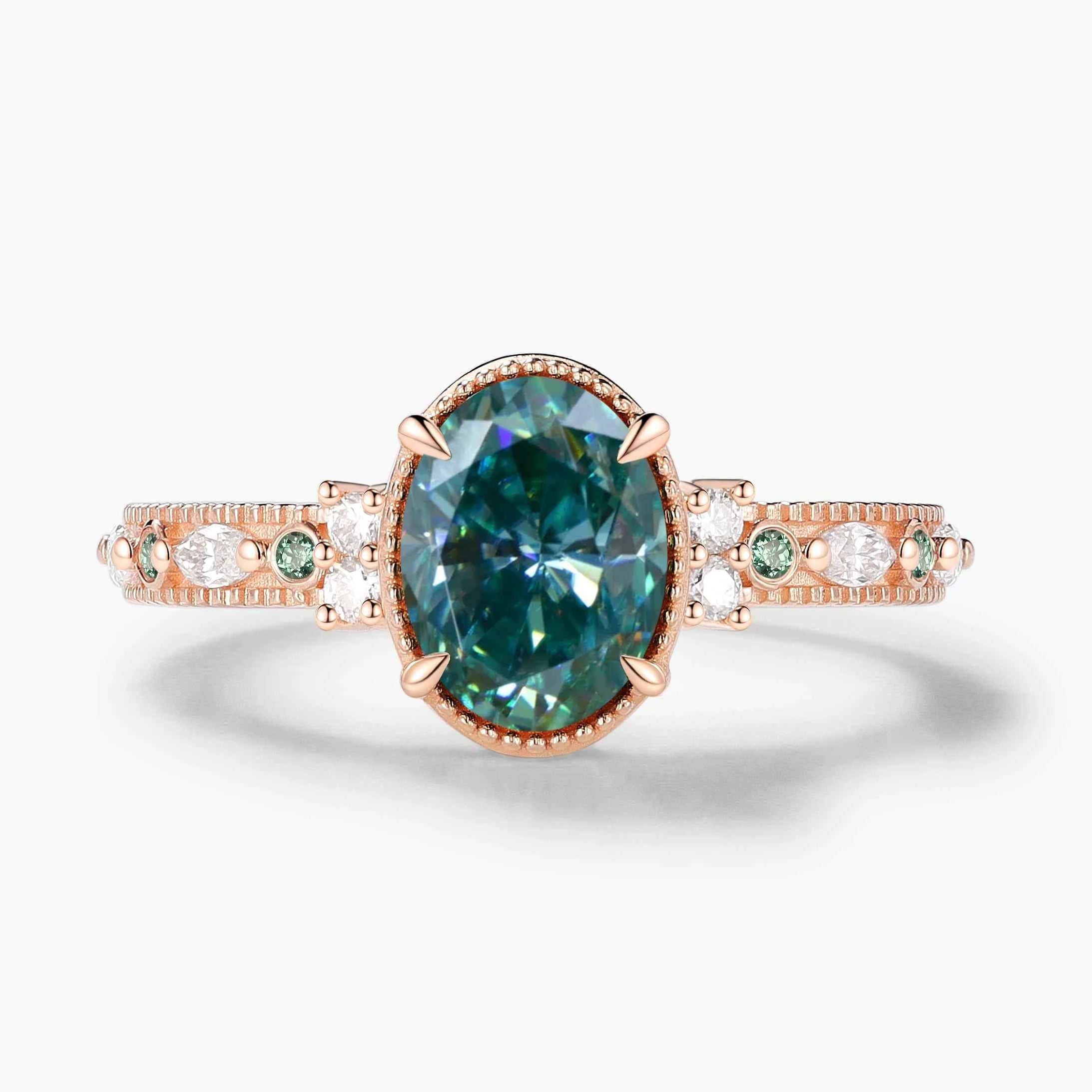 Classic Oval Cut Green Moissanite Bezel Engagement Ring