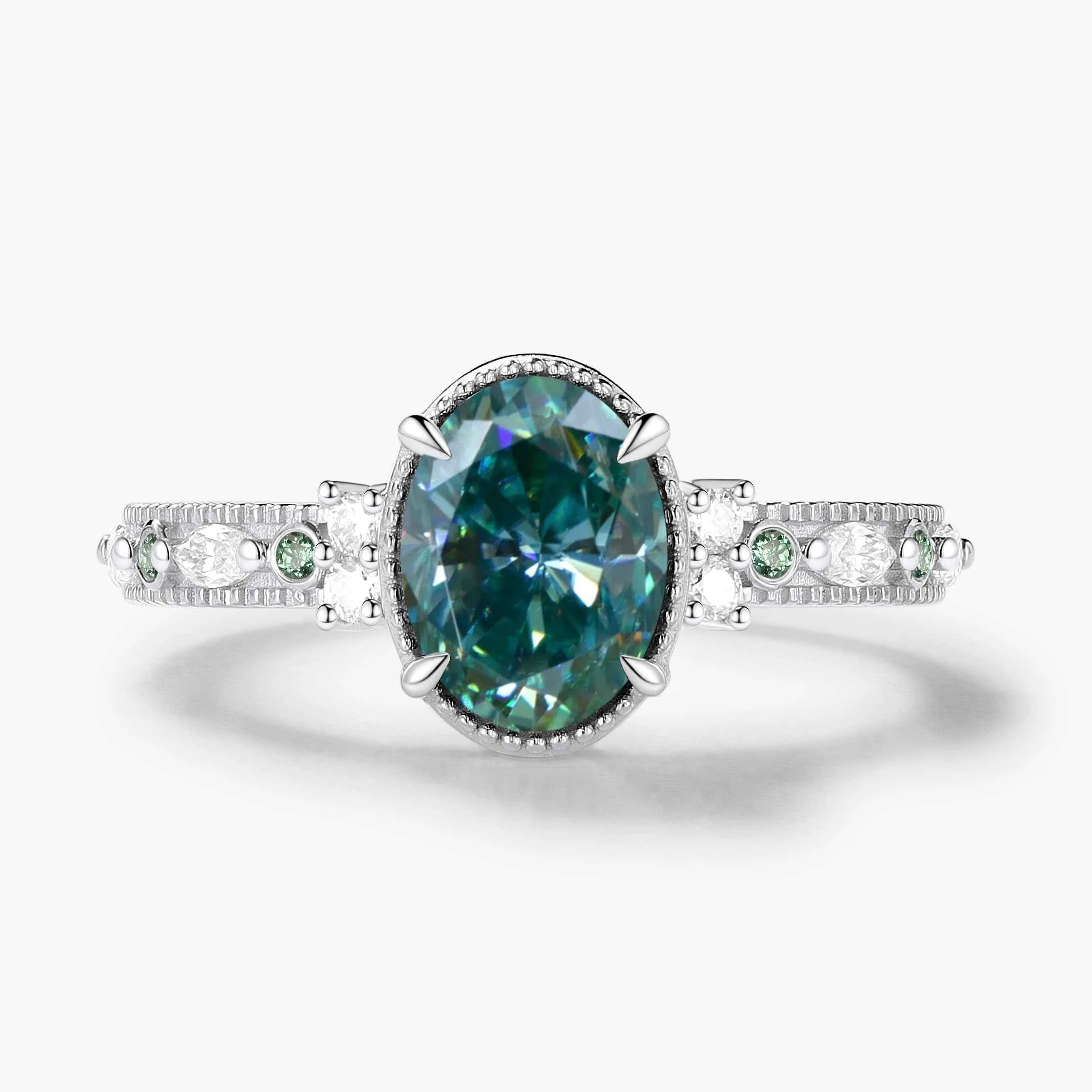 Classic Oval Cut Green Moissanite Bezel Engagement Ring