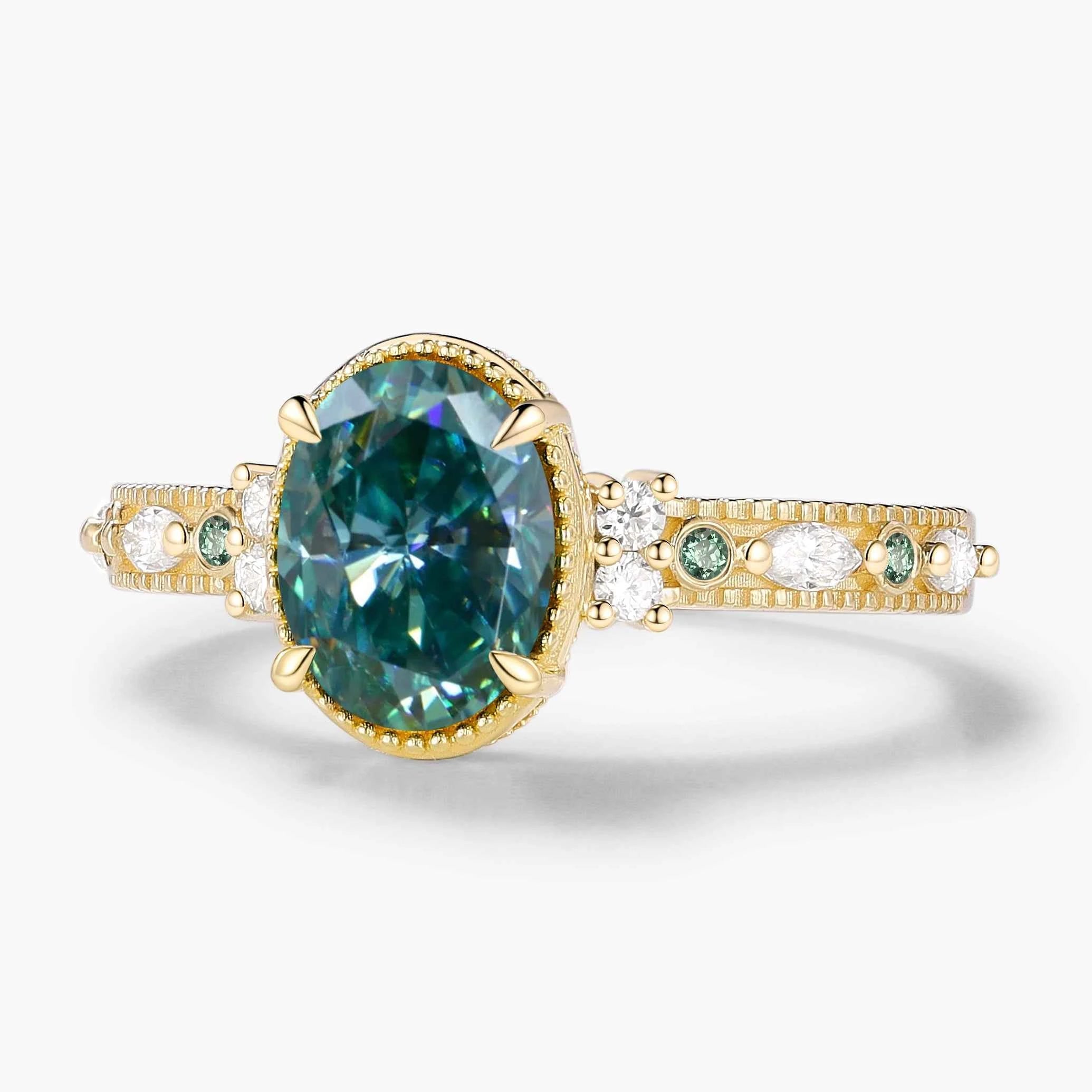 Classic Oval Cut Green Moissanite Bezel Engagement Ring
