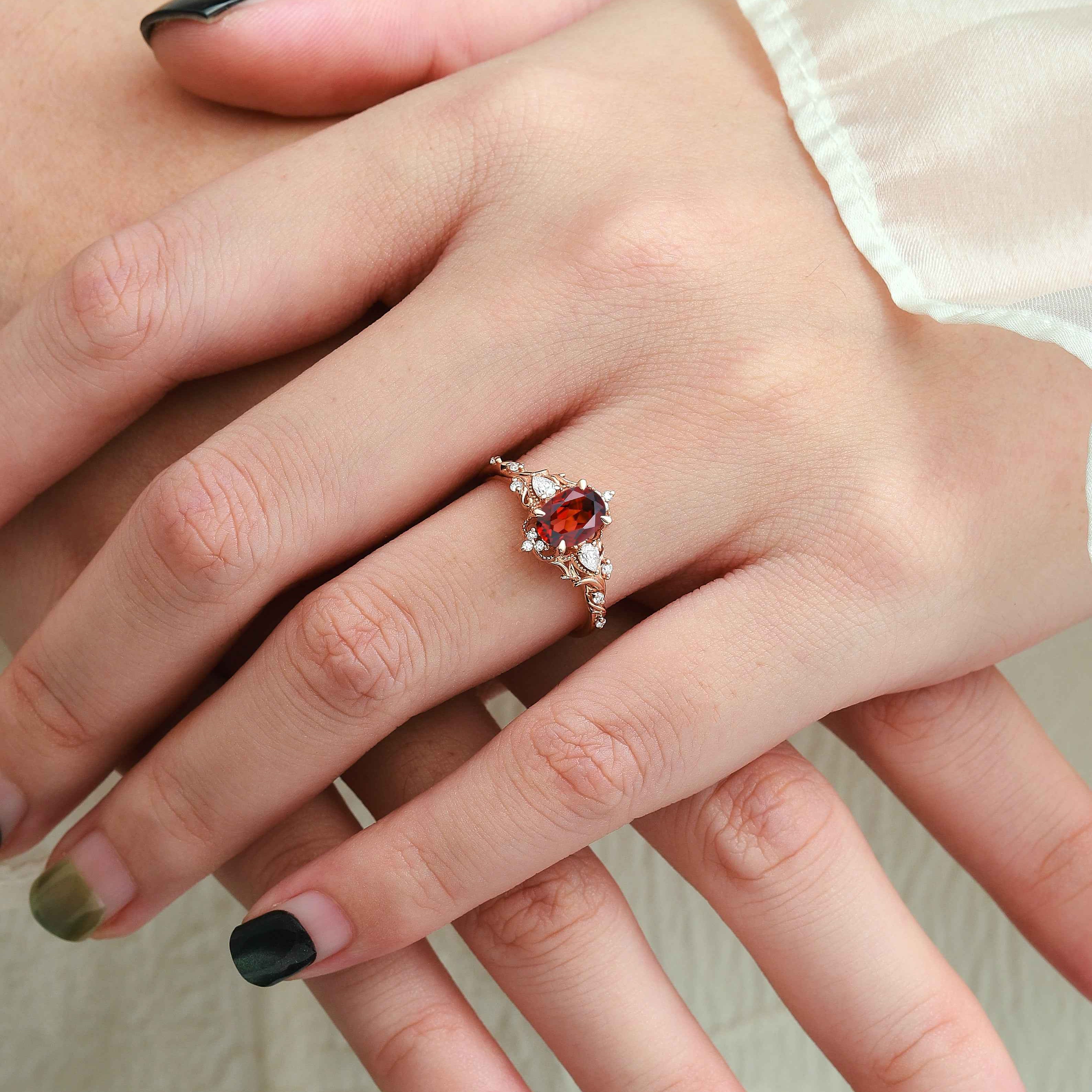 Pine Leaf Bezel-Set Oval Ruby Engagement Ring