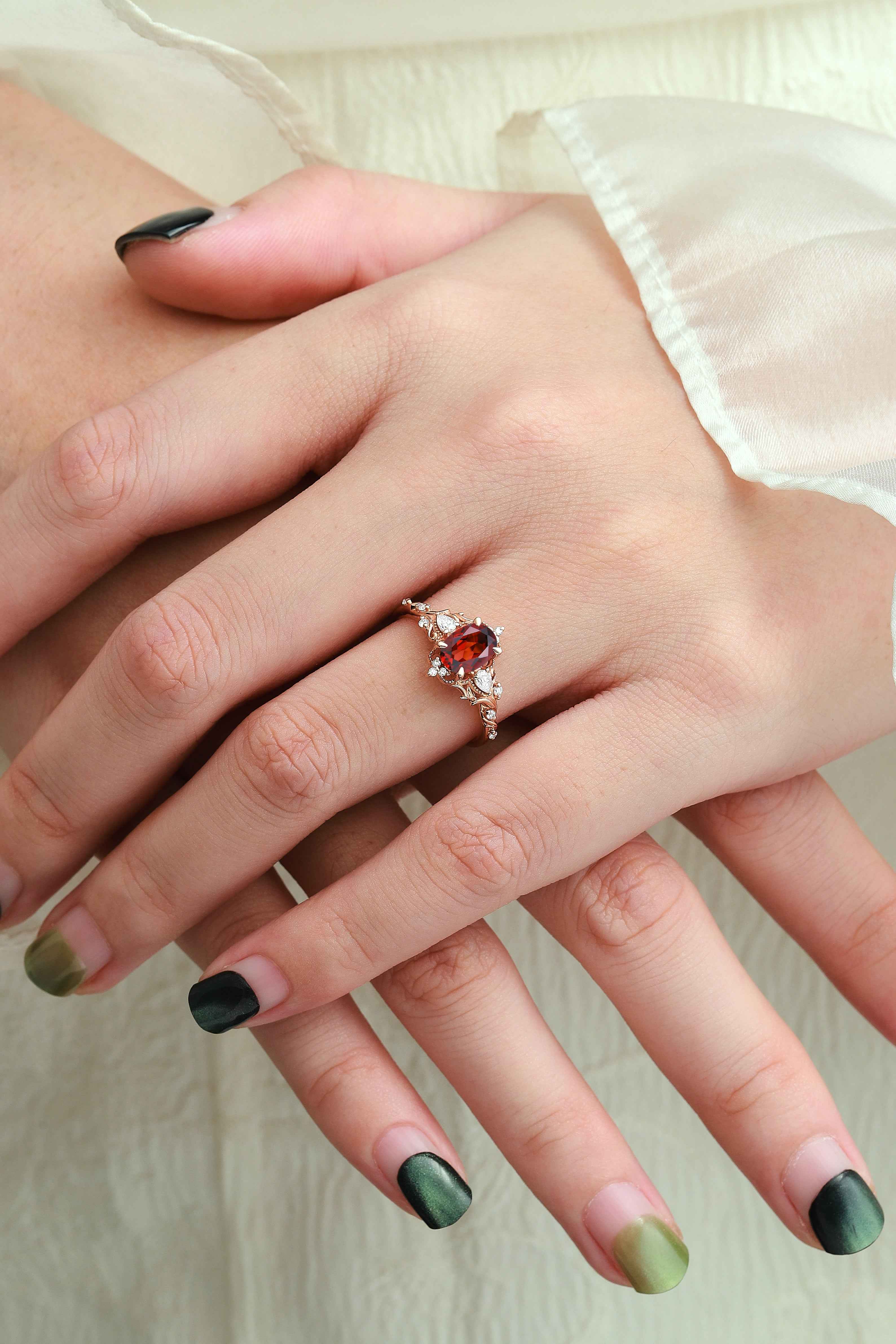 Pine Leaf Bezel-Set Oval Ruby Engagement Ring