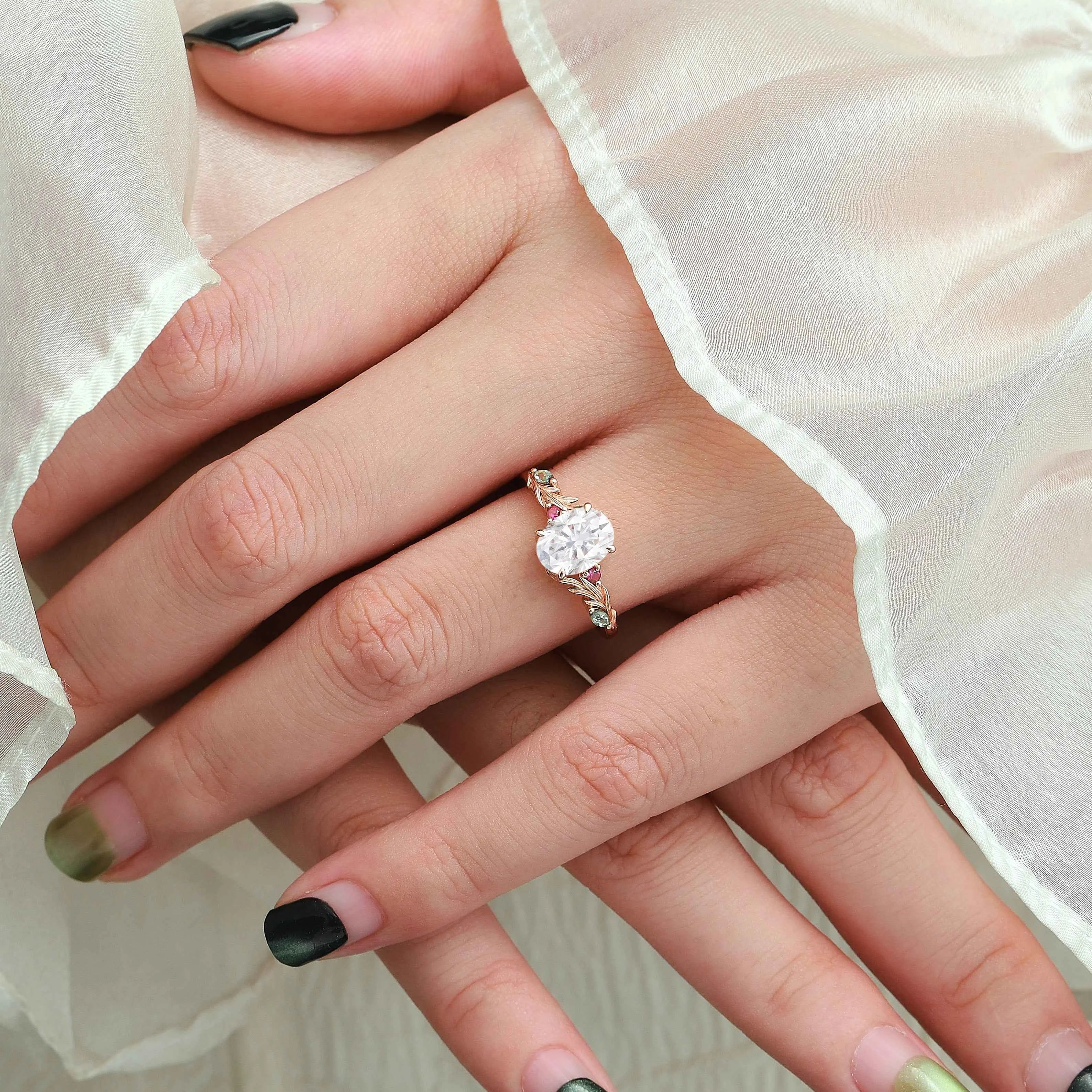 Oval Cut Moissanite Pine Leaf Engagement Ring - Rowan