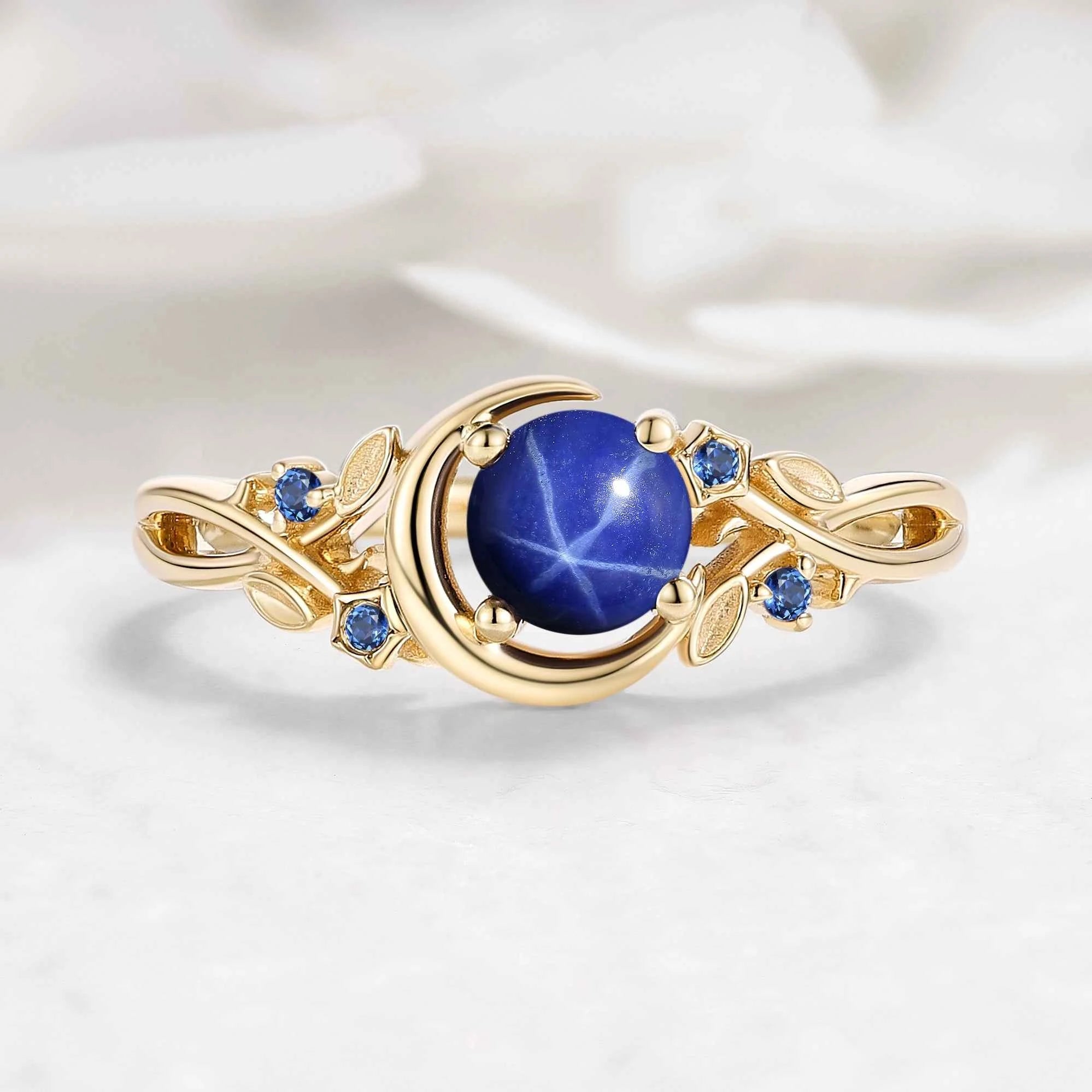 Nature Inspired Star & Moon Round Cut Star Sapphire Engagement Ring - Astra