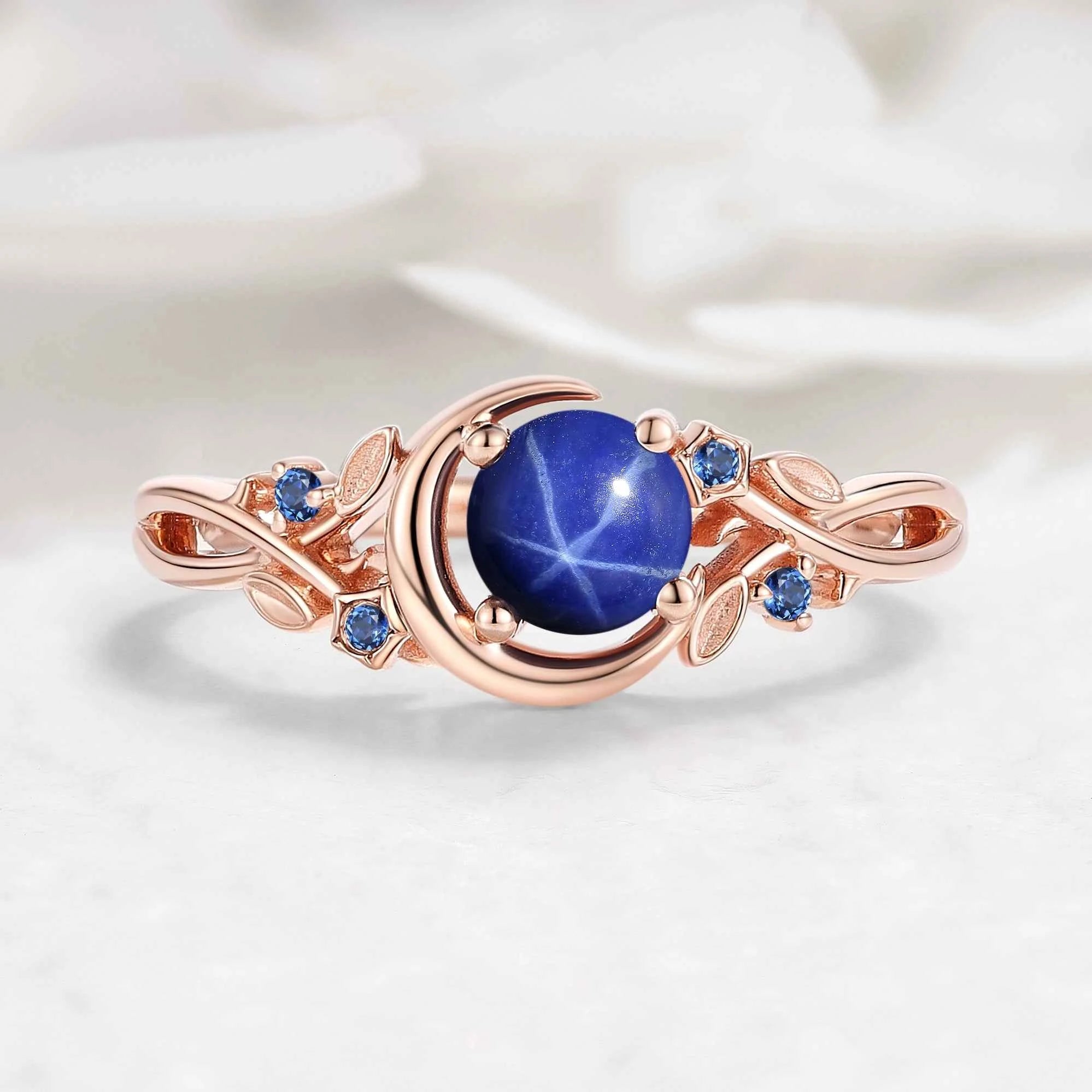 Nature Inspired Star & Moon Round Cut Star Sapphire Engagement Ring - Astra