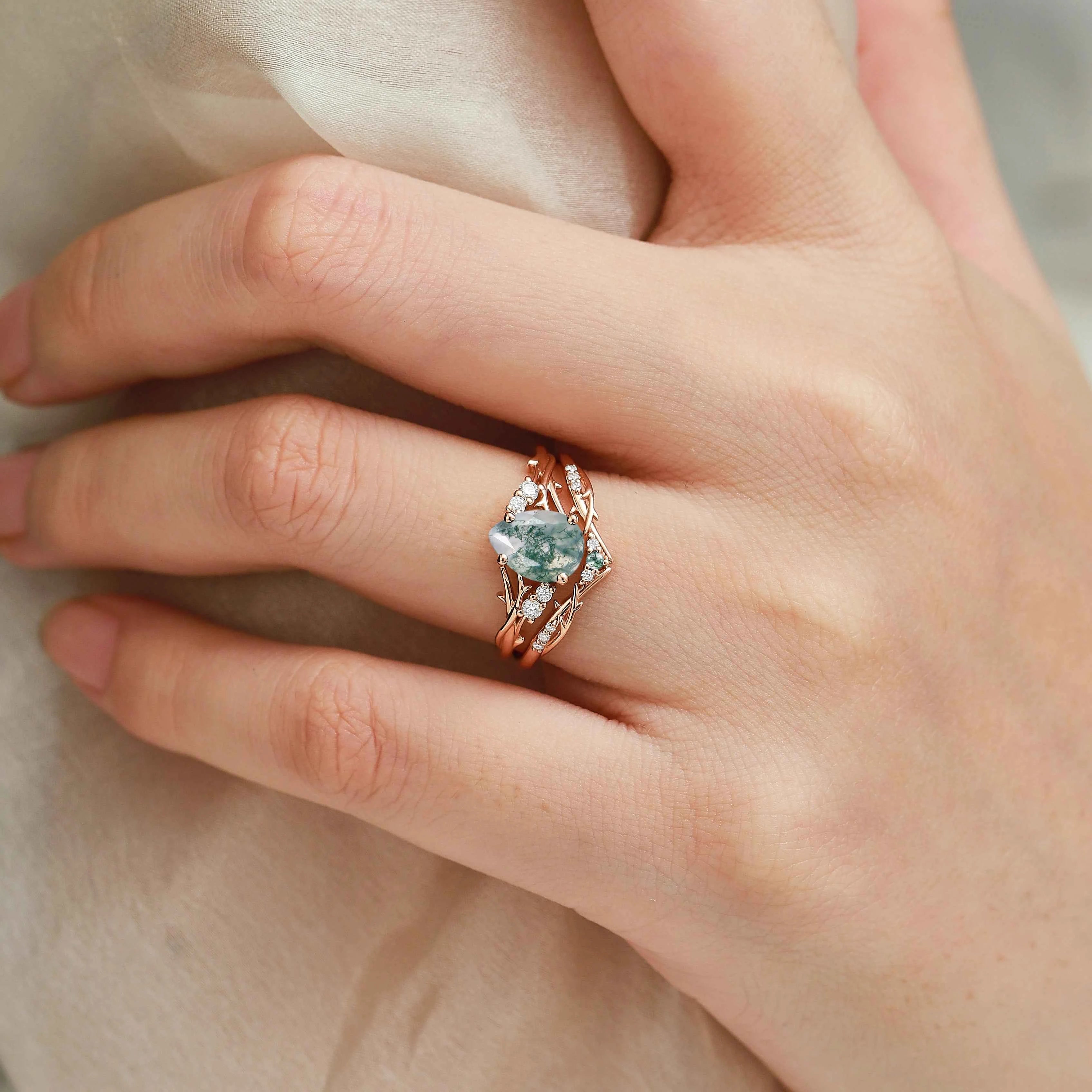 Nature-Inspired Branch Pear Cut Moss Agate Engagement Ring Bridal Set - Faewillow