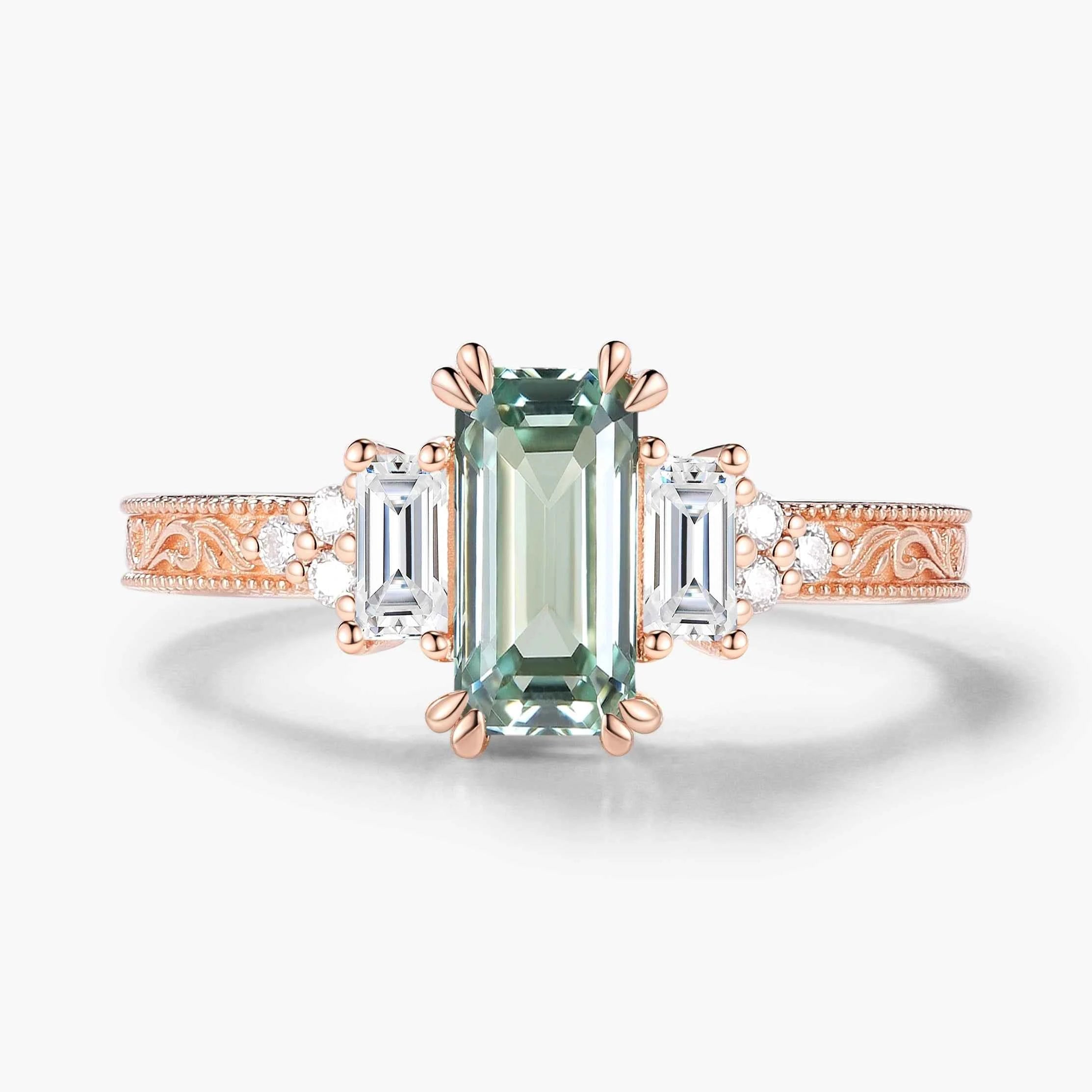 Emerald Cut green Sapphire Three-Stone Bezel Engagement Ring
