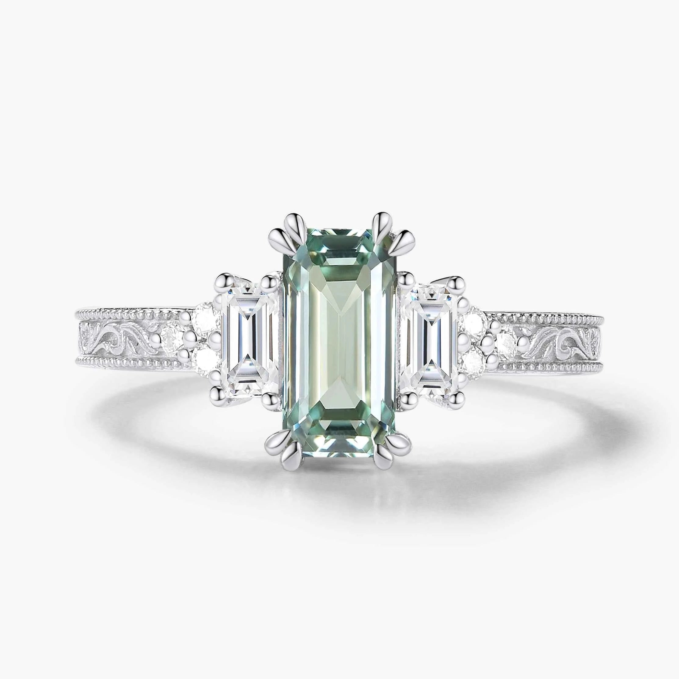 Emerald Cut green Sapphire Three-Stone Bezel Engagement Ring