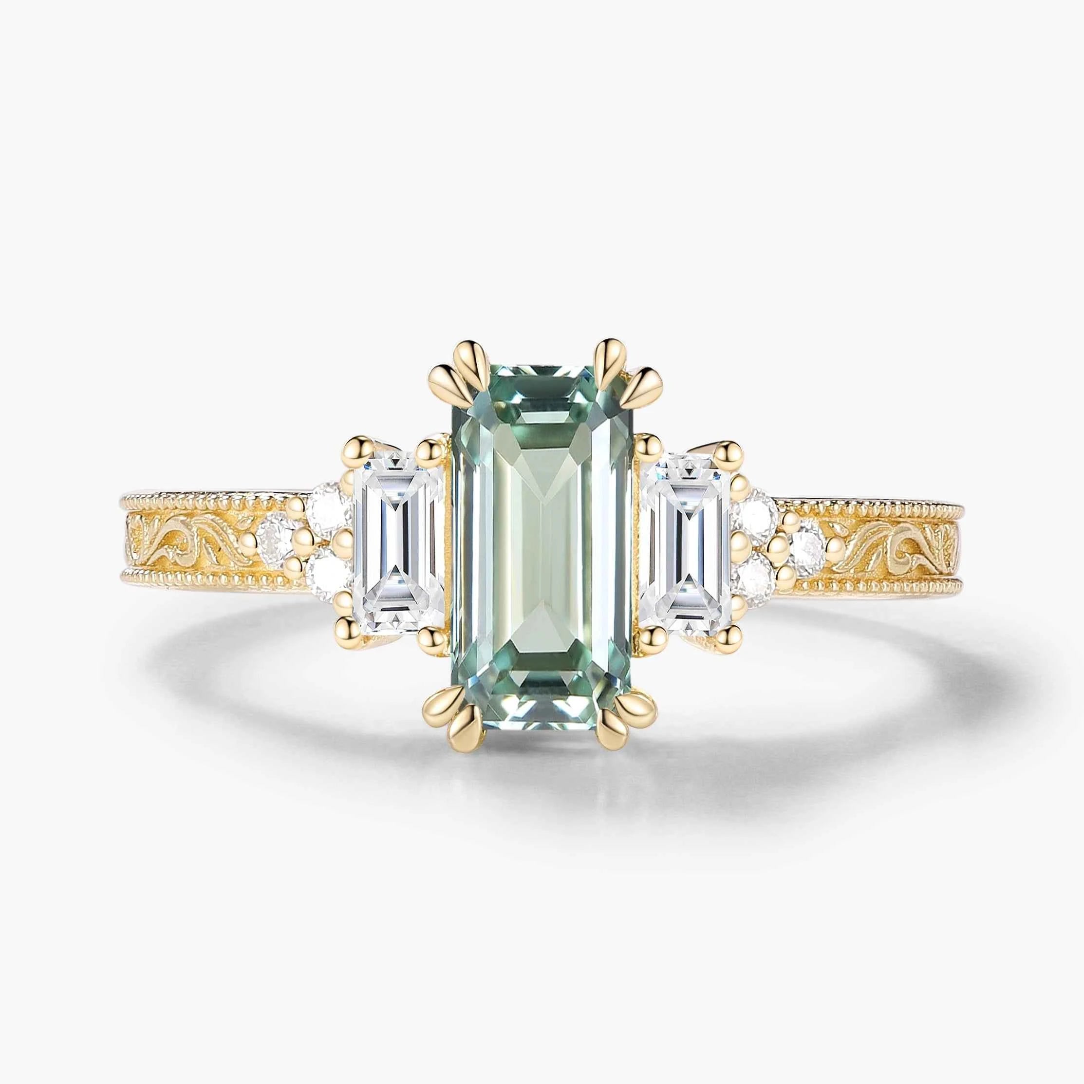Emerald Cut green Sapphire Three-Stone Bezel Engagement Ring