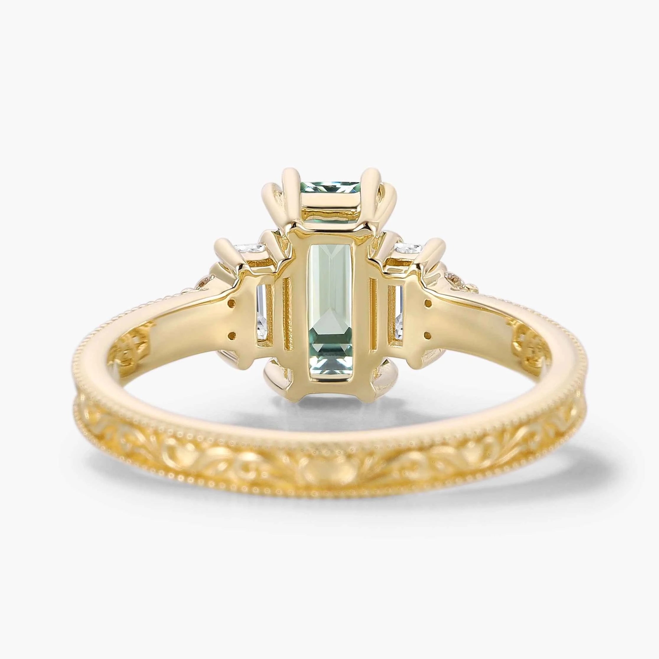 Emerald Cut green Sapphire Three-Stone Bezel Engagement Ring
