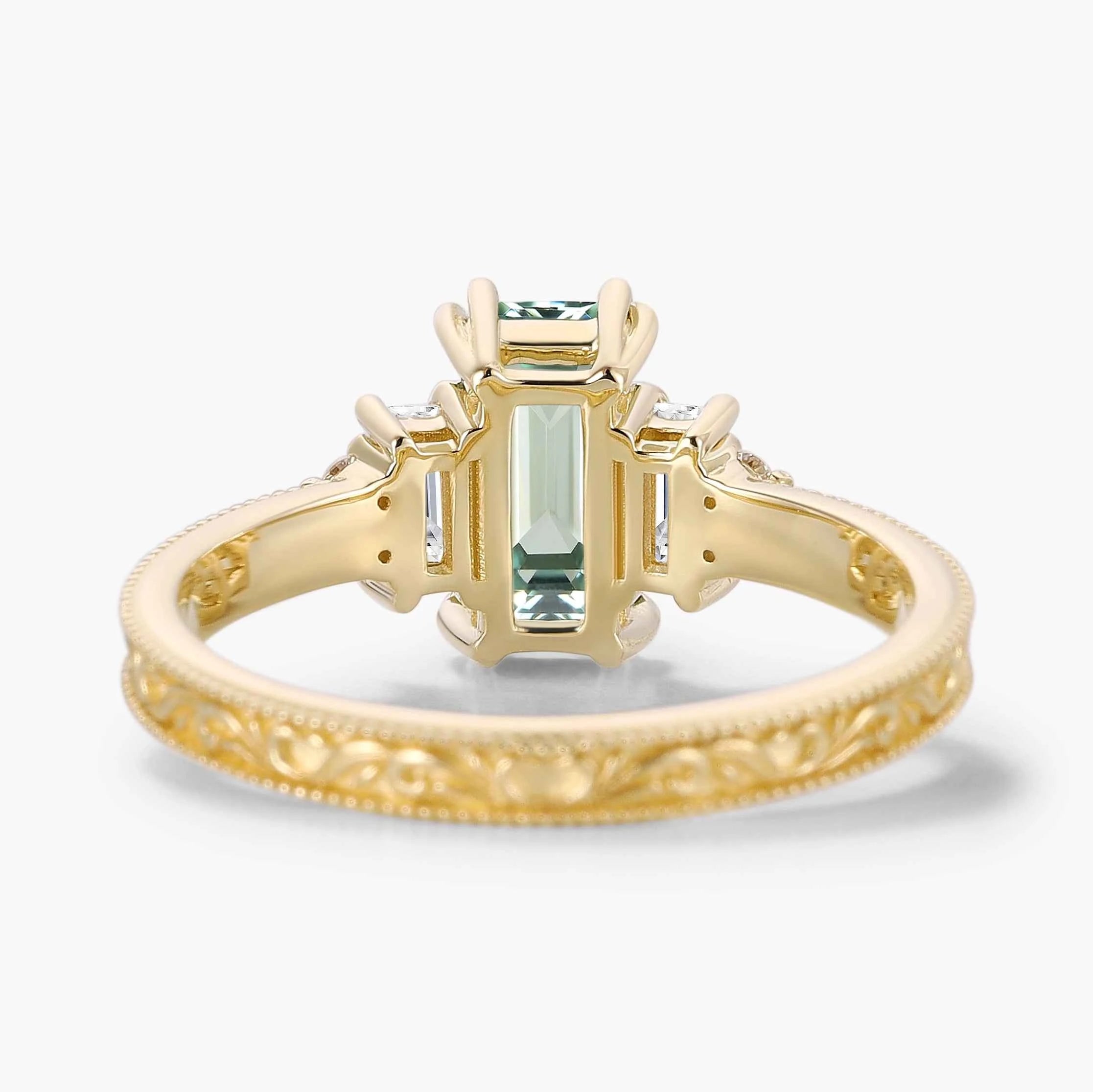 Emerald Cut green Sapphire Three-Stone Bezel Engagement Ring
